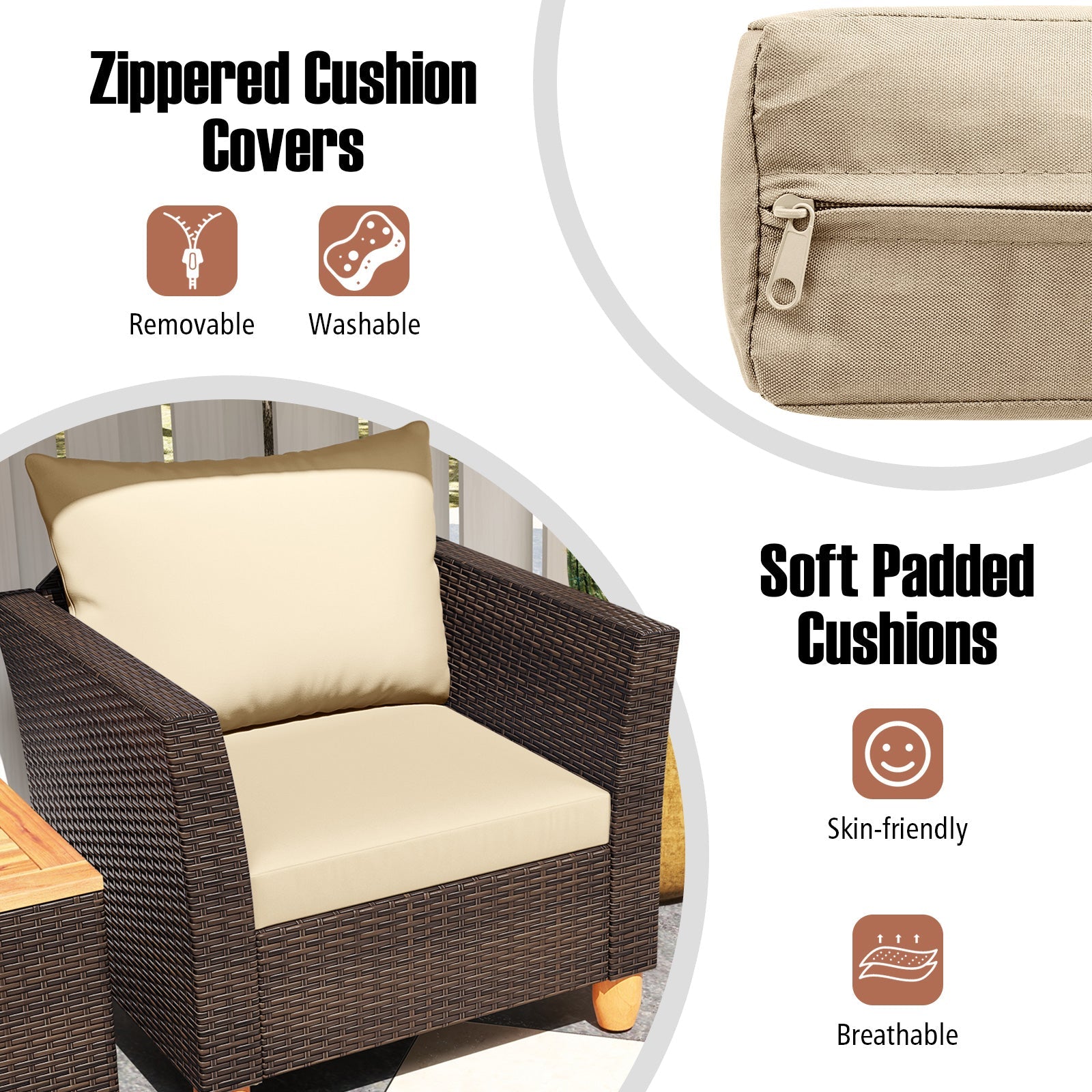 3 Pieces Patio Rattan Bistro Furniture Set with Wooden Table Top-Beige