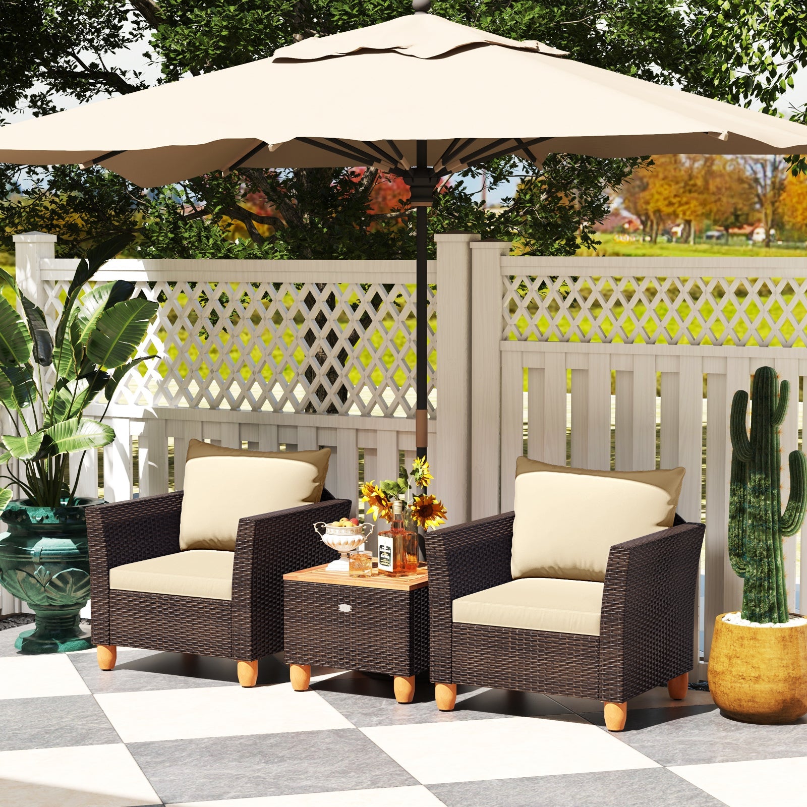 3 Pieces Patio Rattan Bistro Furniture Set with Wooden Table Top-Beige
