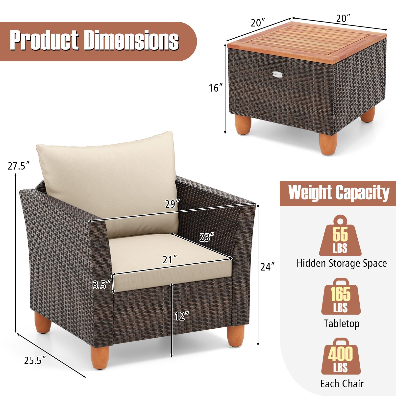 3 Pieces Patio Rattan Bistro Furniture Set with Wooden Table Top-Beige