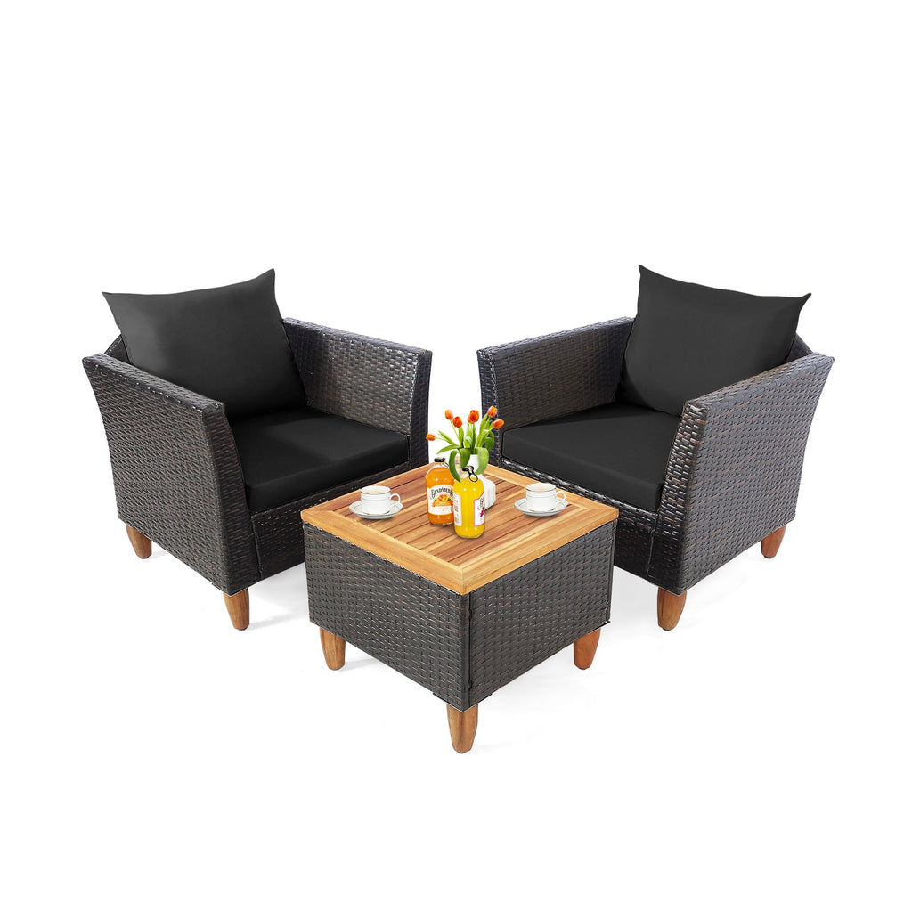 3 Pieces Patio Rattan Bistro Furniture Set with Wooden Table Top-Black