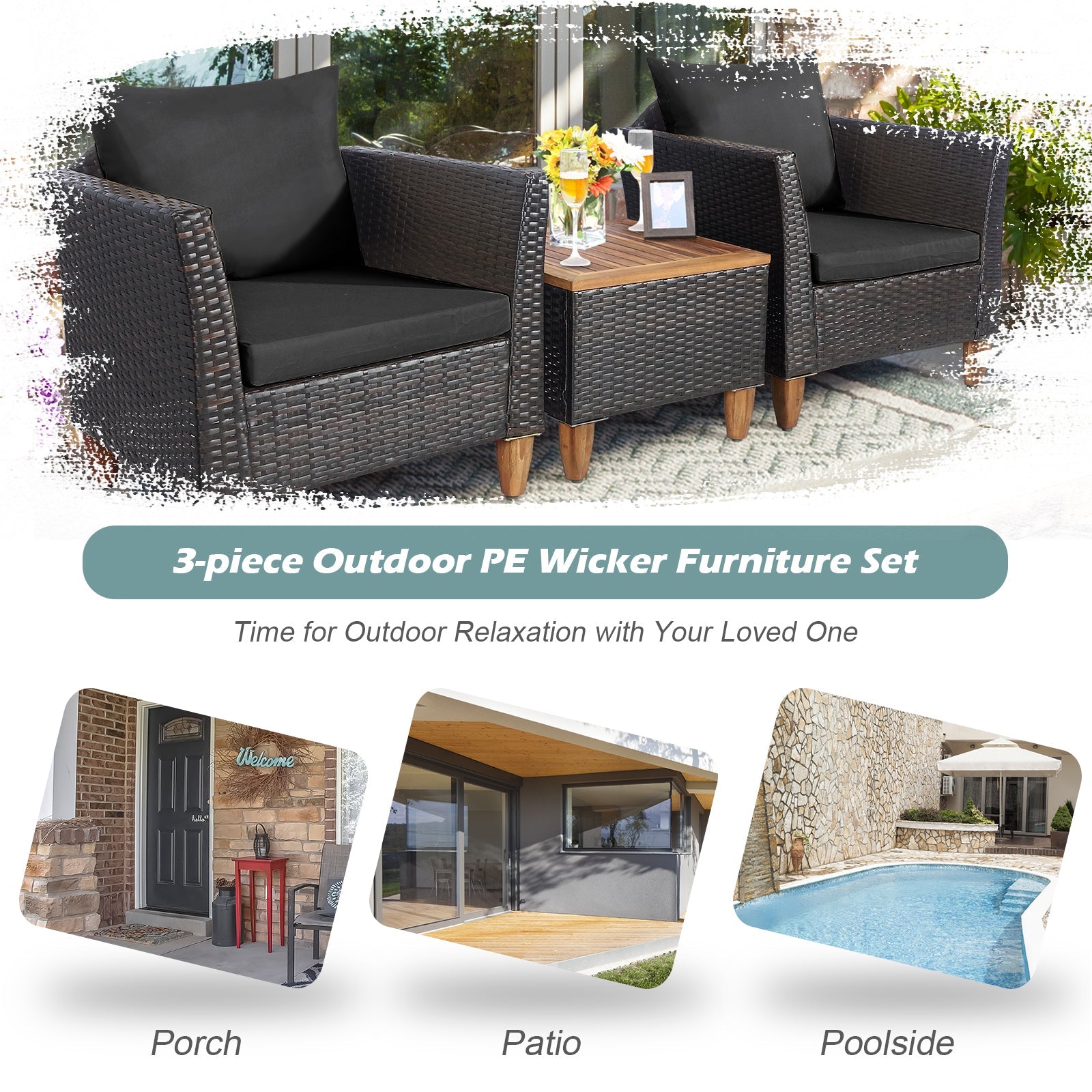 3 Pieces Patio Rattan Bistro Furniture Set with Wooden Table Top-Black