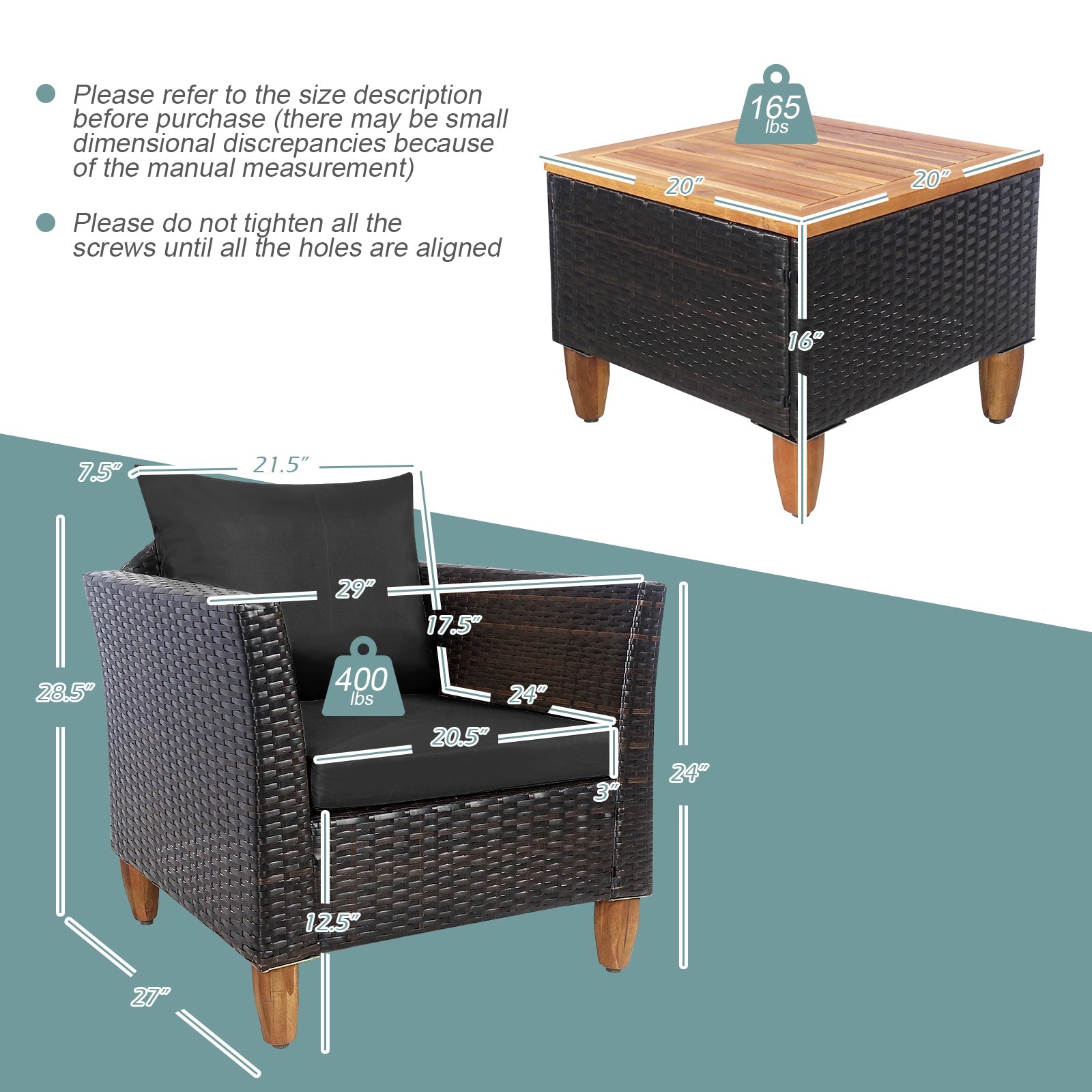 3 Pieces Patio Rattan Bistro Furniture Set with Wooden Table Top-Black