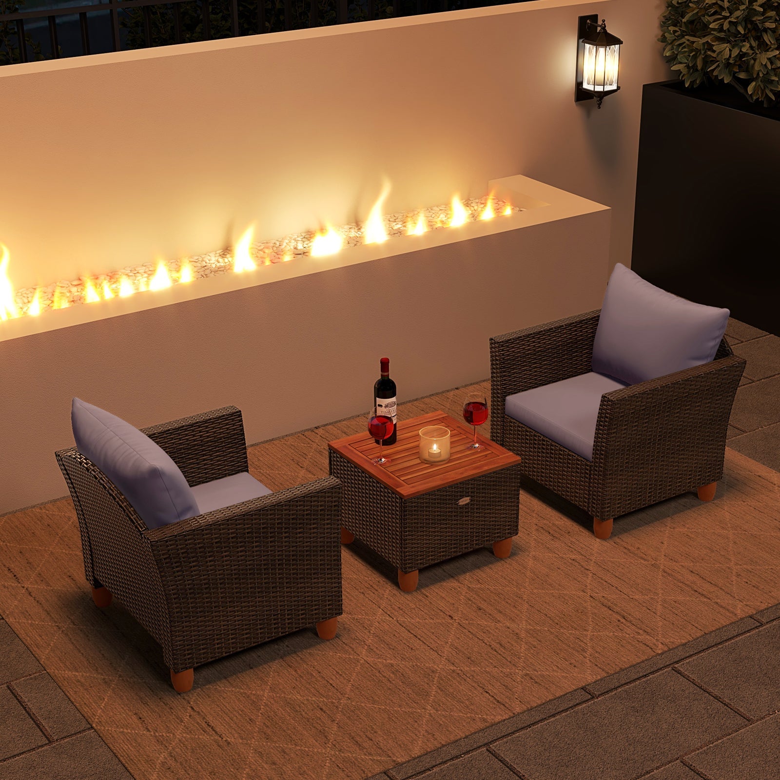 3 Pieces Patio Rattan Bistro Furniture Set with Wooden Table Top-Gray