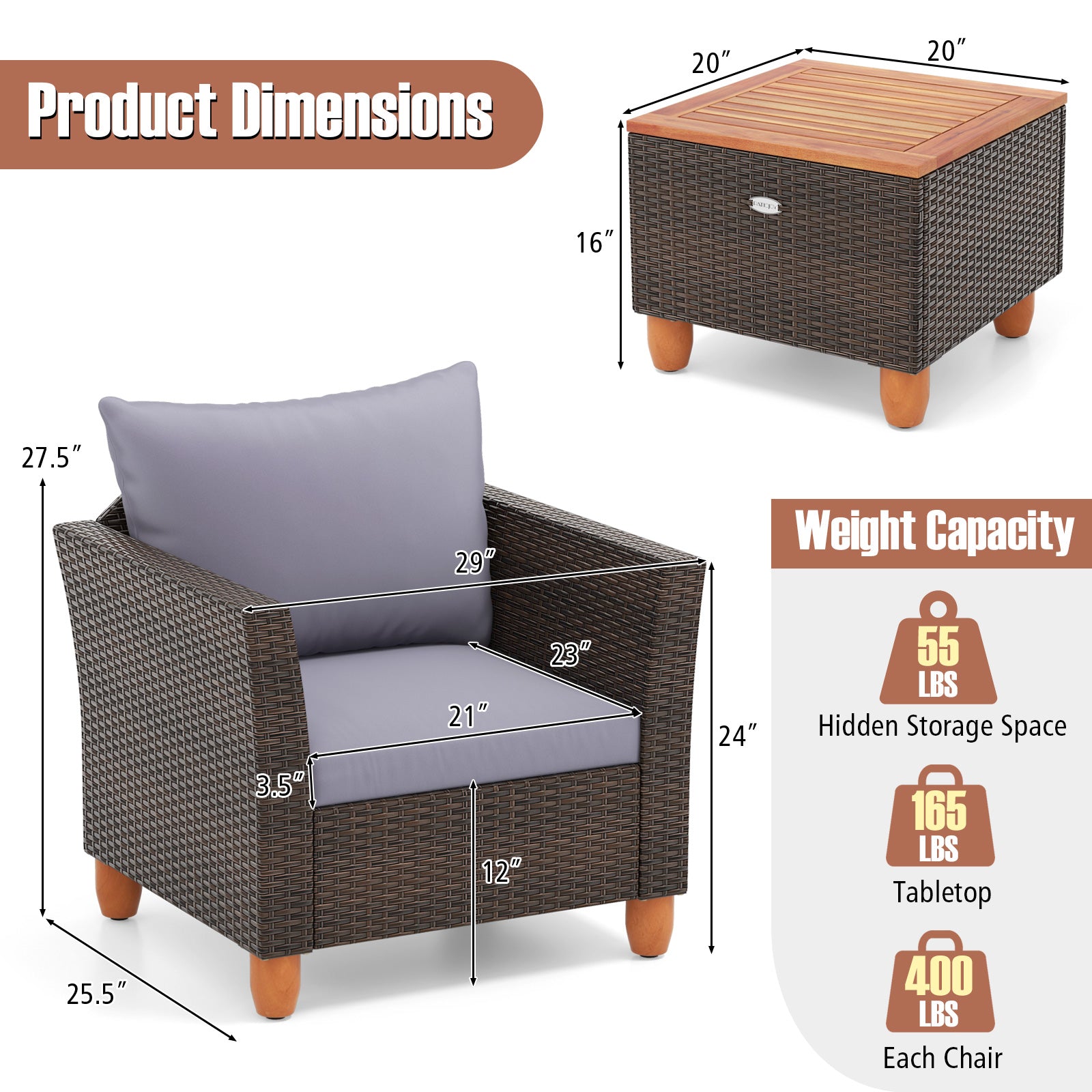 3 Pieces Patio Rattan Bistro Furniture Set with Wooden Table Top-Gray