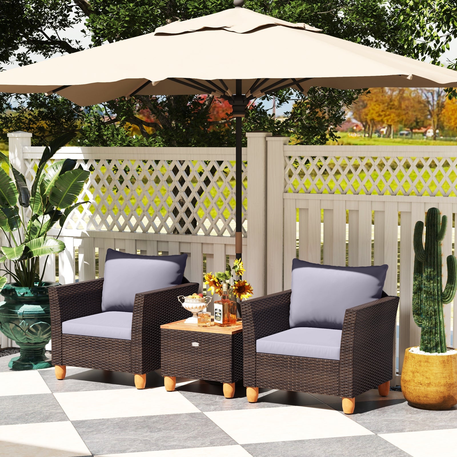 3 Pieces Patio Rattan Bistro Furniture Set with Wooden Table Top-Gray