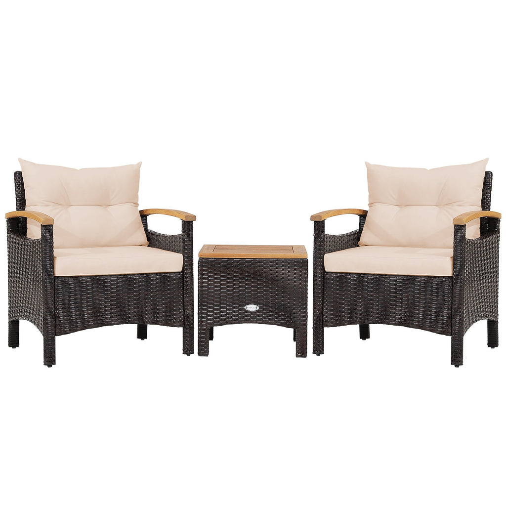 3 Pieces Patio Rattan Furniture Set with Removable Cushions-Beige