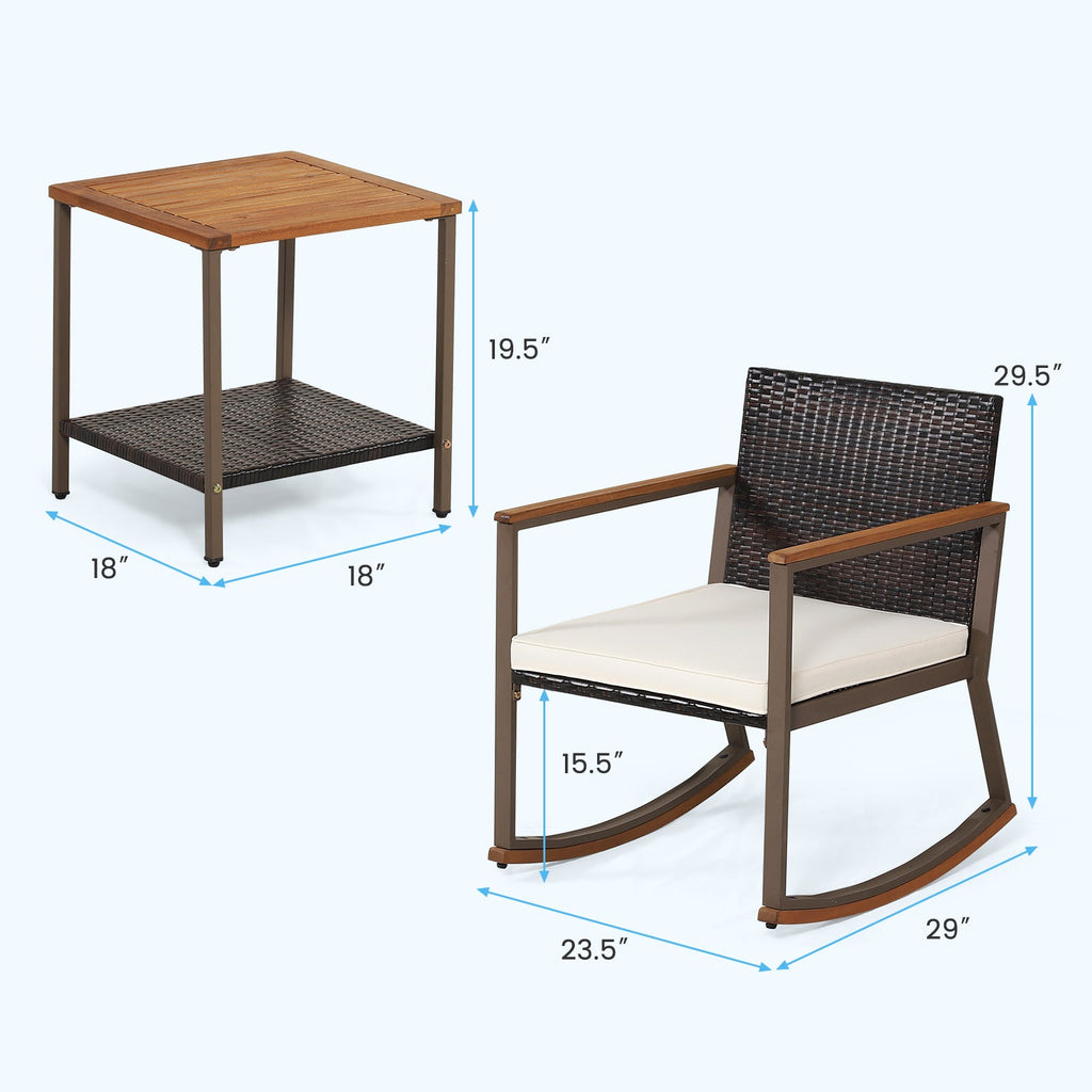 3 Pieces Rattan Rocking Bistro Set with Coffee Table and Cushions-Off White