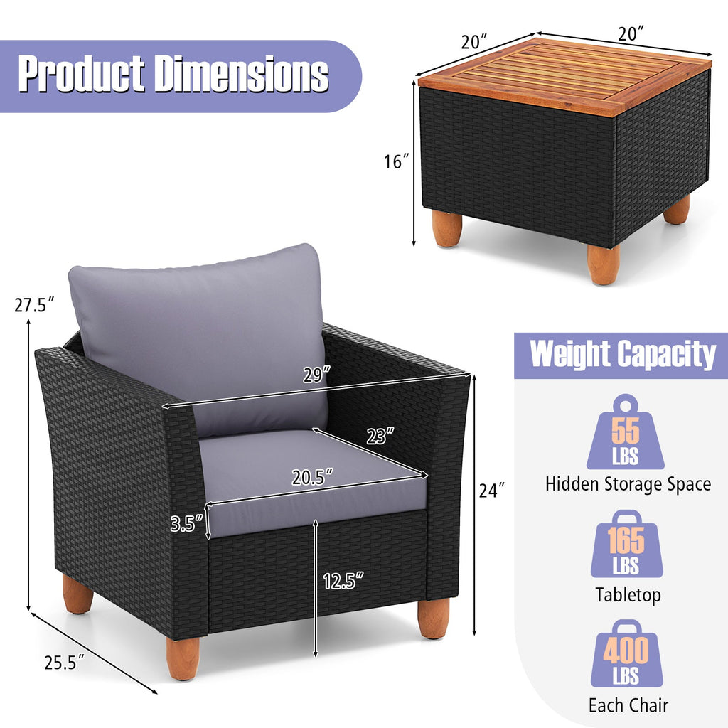 3 Pieces Outdoor Patio Wicker Furniture Set with Cushions and Acacia Wood Coffee Table-Gray
