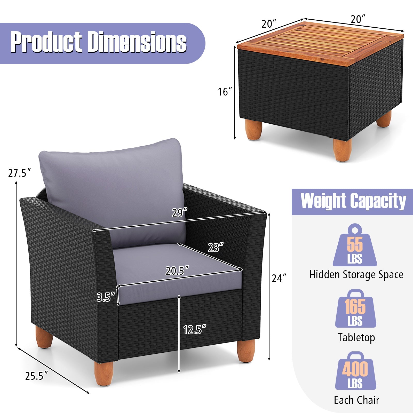 3 Pieces Outdoor Patio Wicker Furniture Set with Cushions and Acacia Wood Coffee Table-Gray
