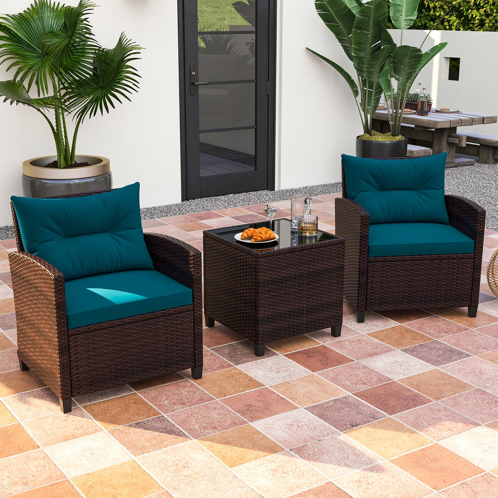 3 Pieces Rattan Patio Furniture Set with Washable Cushion-Peacock Blue