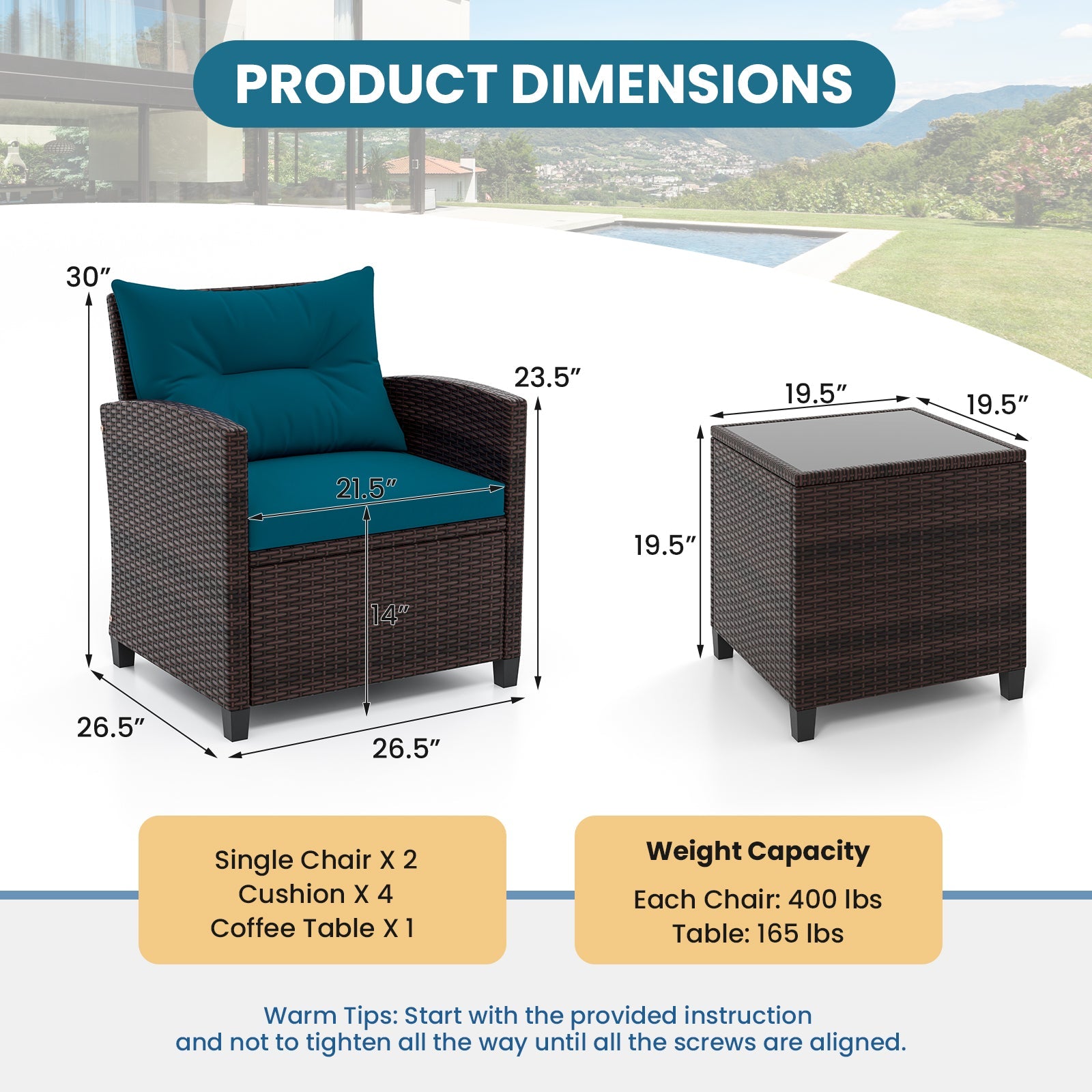 3 Pieces Rattan Patio Furniture Set with Washable Cushion-Peacock Blue
