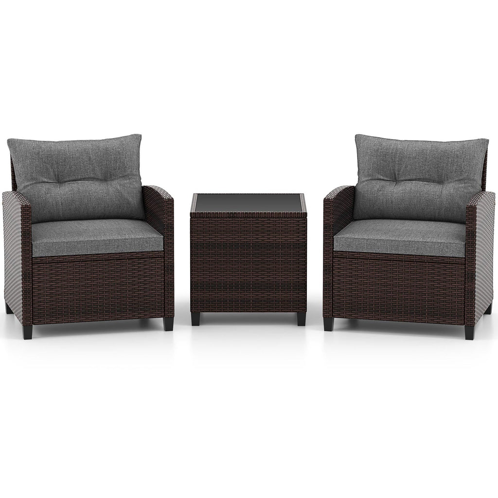 3 Pieces Rattan Patio Furniture Set with Washable Cushion-Gray
