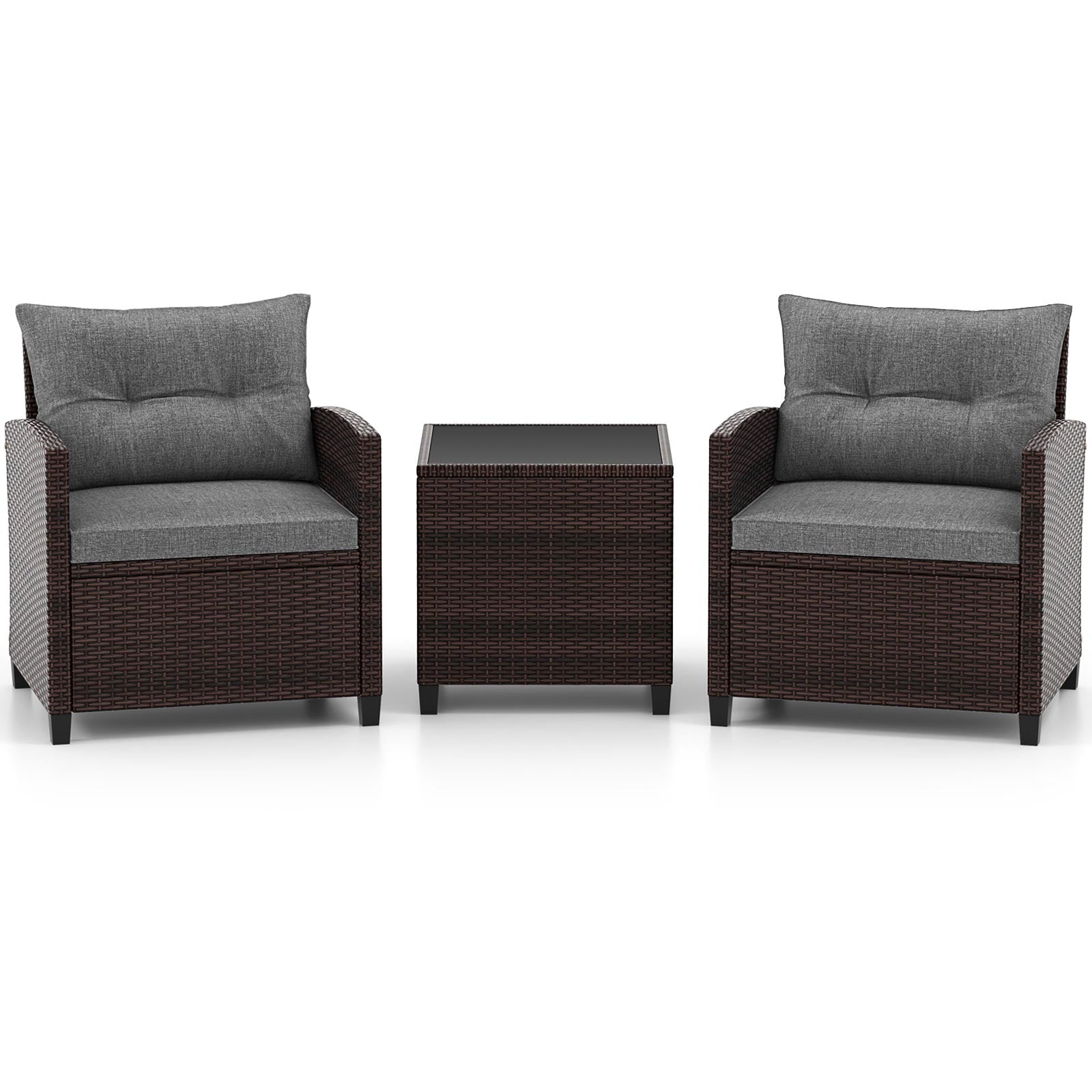 3 Pieces Rattan Patio Furniture Set with Washable Cushion-Gray