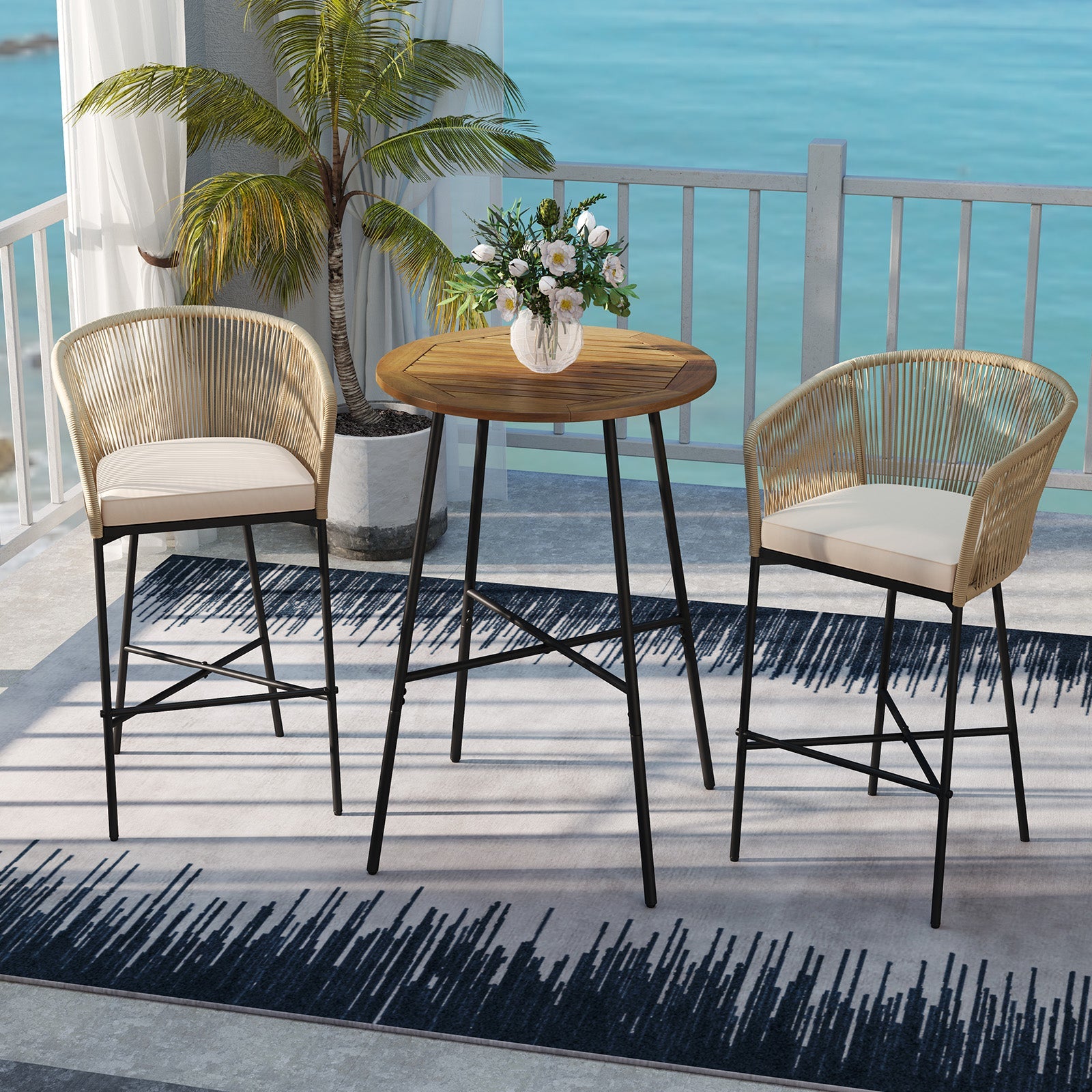 3 Pieces Rope Woven Patio Bar Set with Soft Cushions and Acacia Wood Tabletop-Beige