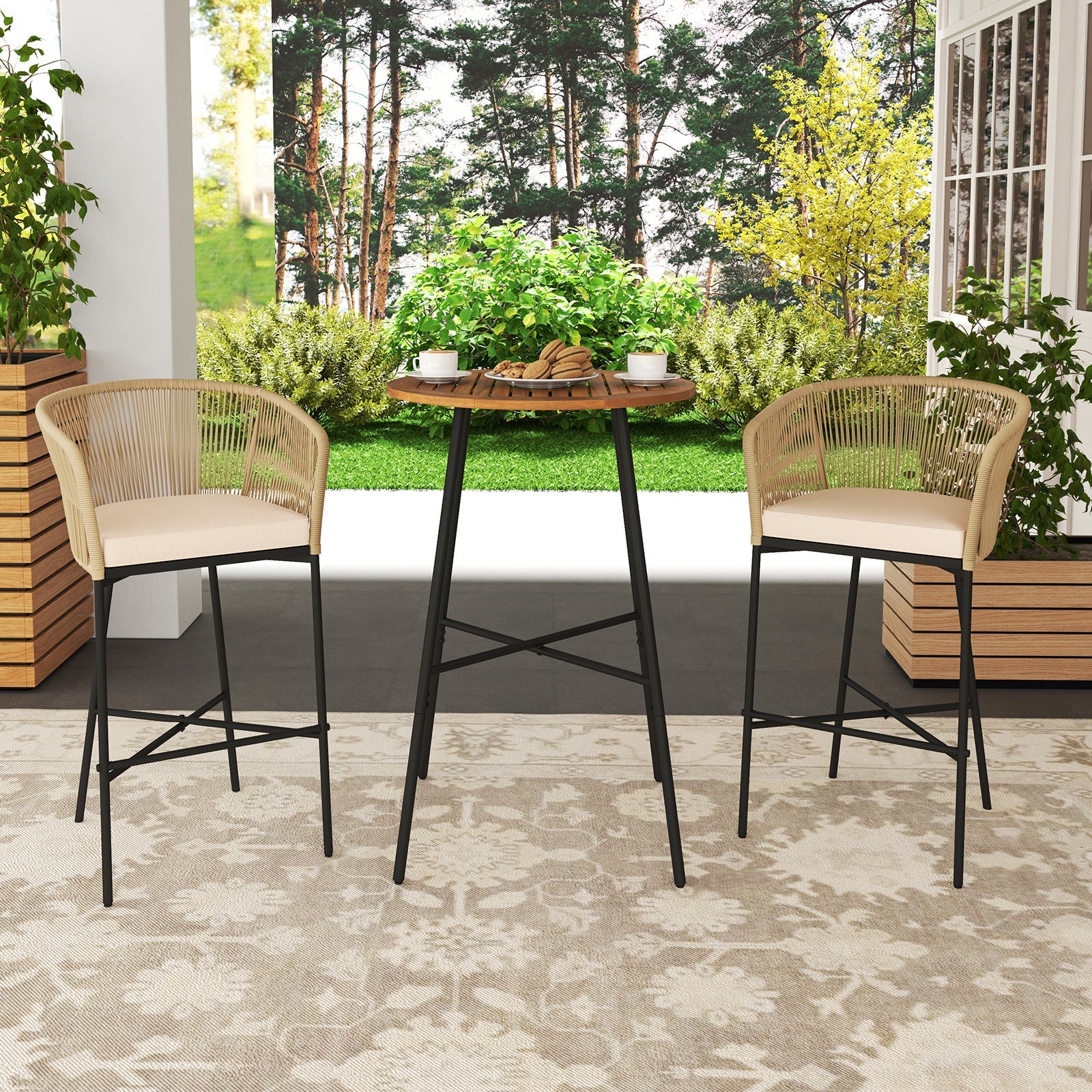 3 Pieces Rope Woven Patio Bar Set with Soft Cushions and Acacia Wood Tabletop-Beige