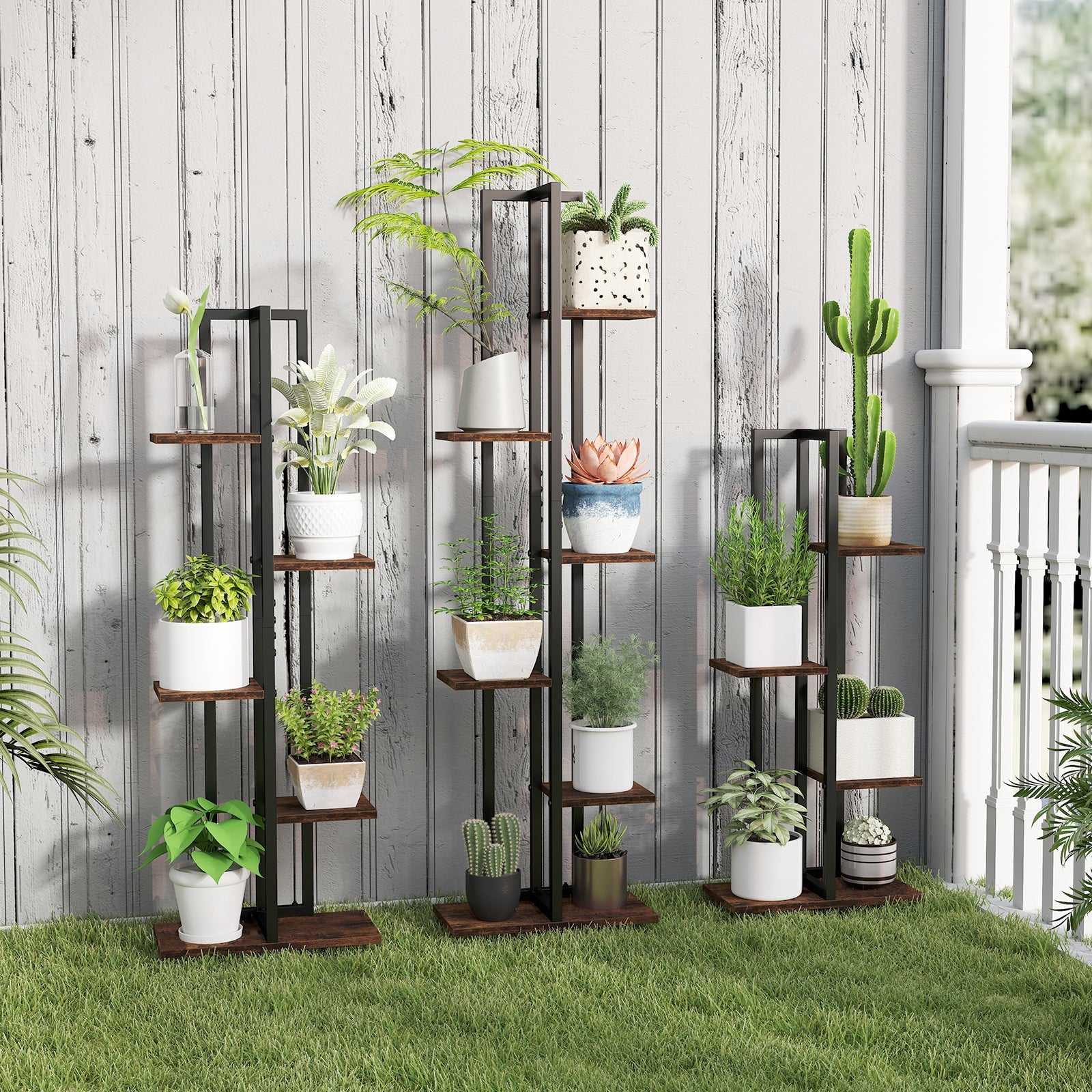 3 Pieces Tall Wood Plant Stand Set 4+5+6-Tier Indoor Flower Stands-Rustic Brown
