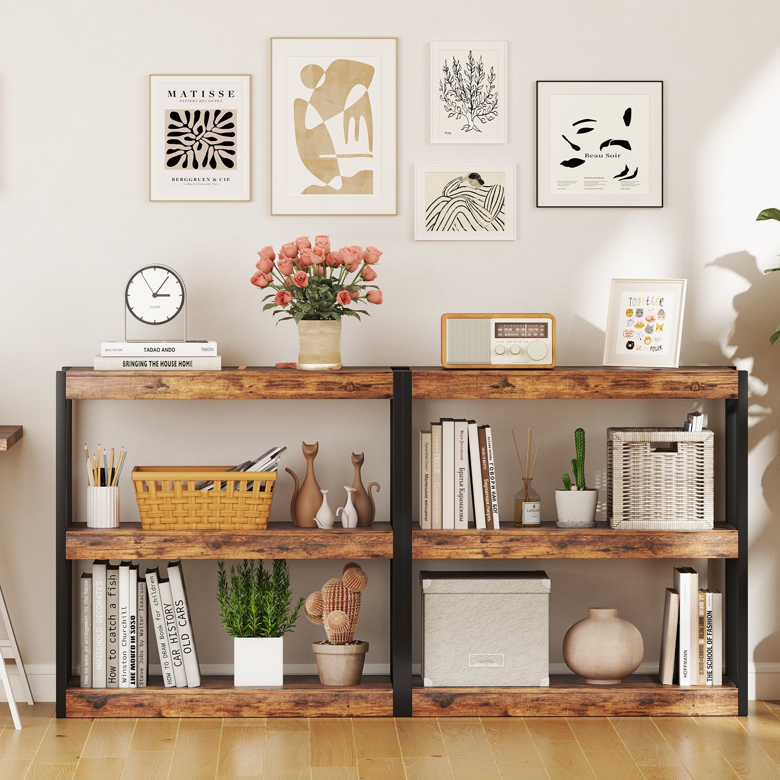 3 Tier Bookshelf Wooden Bookcase with Dual Anti-Tipping Kits-Rustic Brown