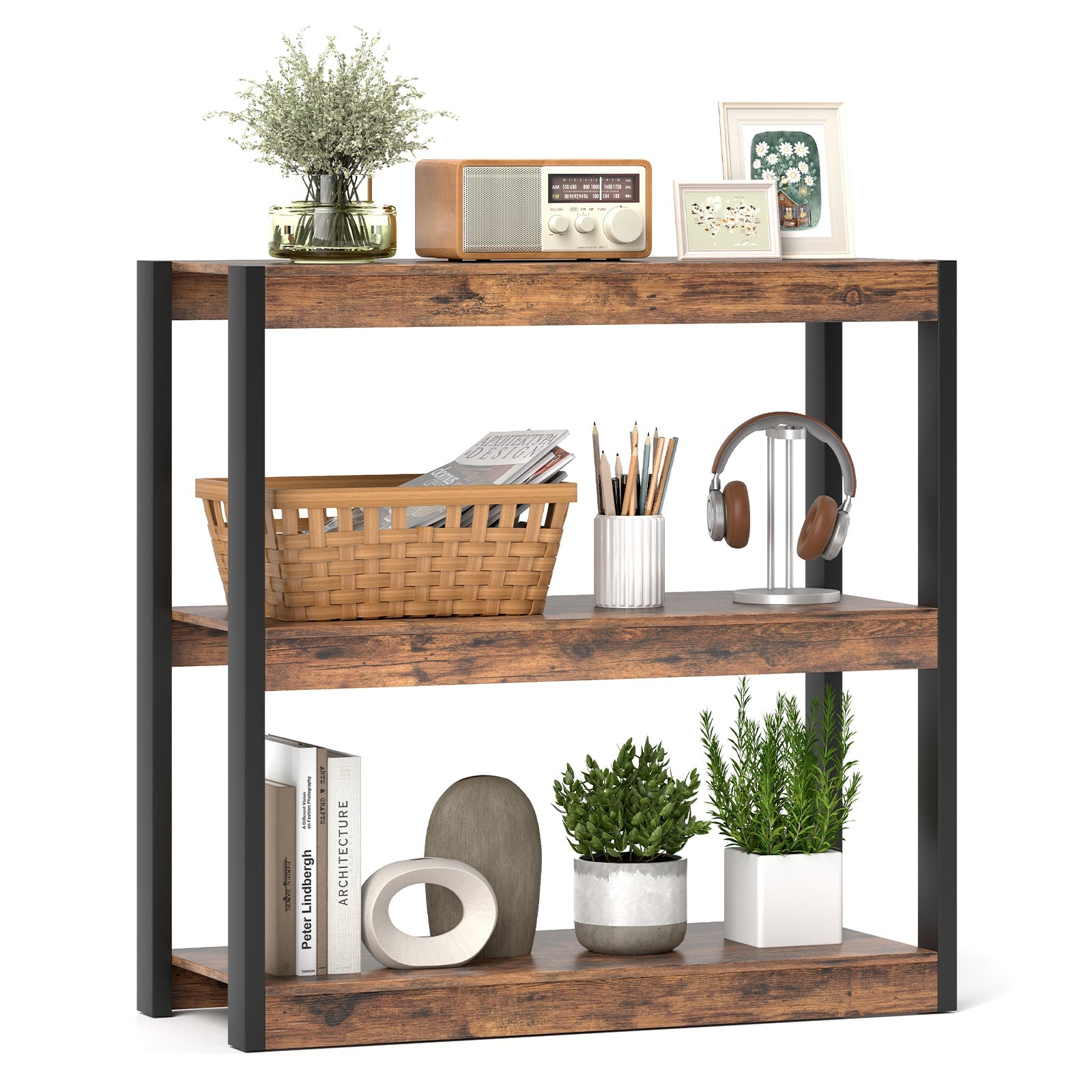 3 Tier Bookshelf Wooden Bookcase with Dual Anti-Tipping Kits-Rustic Brown