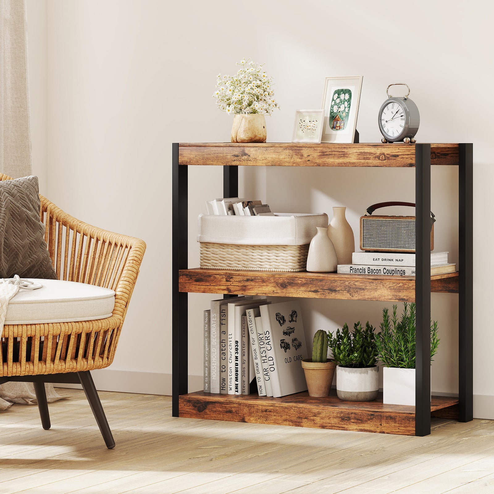 3 Tier Bookshelf Wooden Bookcase with Dual Anti-Tipping Kits-Rustic Brown
