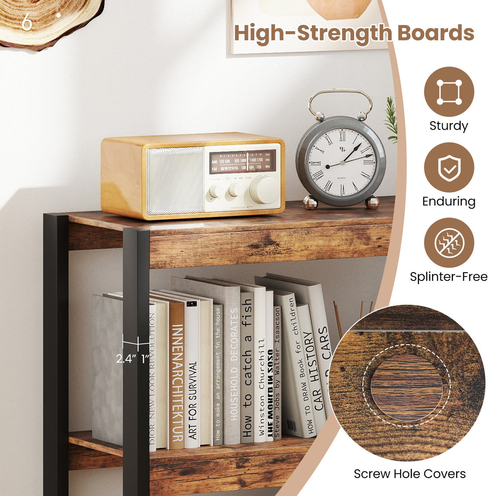3 Tier Bookshelf Wooden Bookcase with Dual Anti-Tipping Kits-Rustic Brown