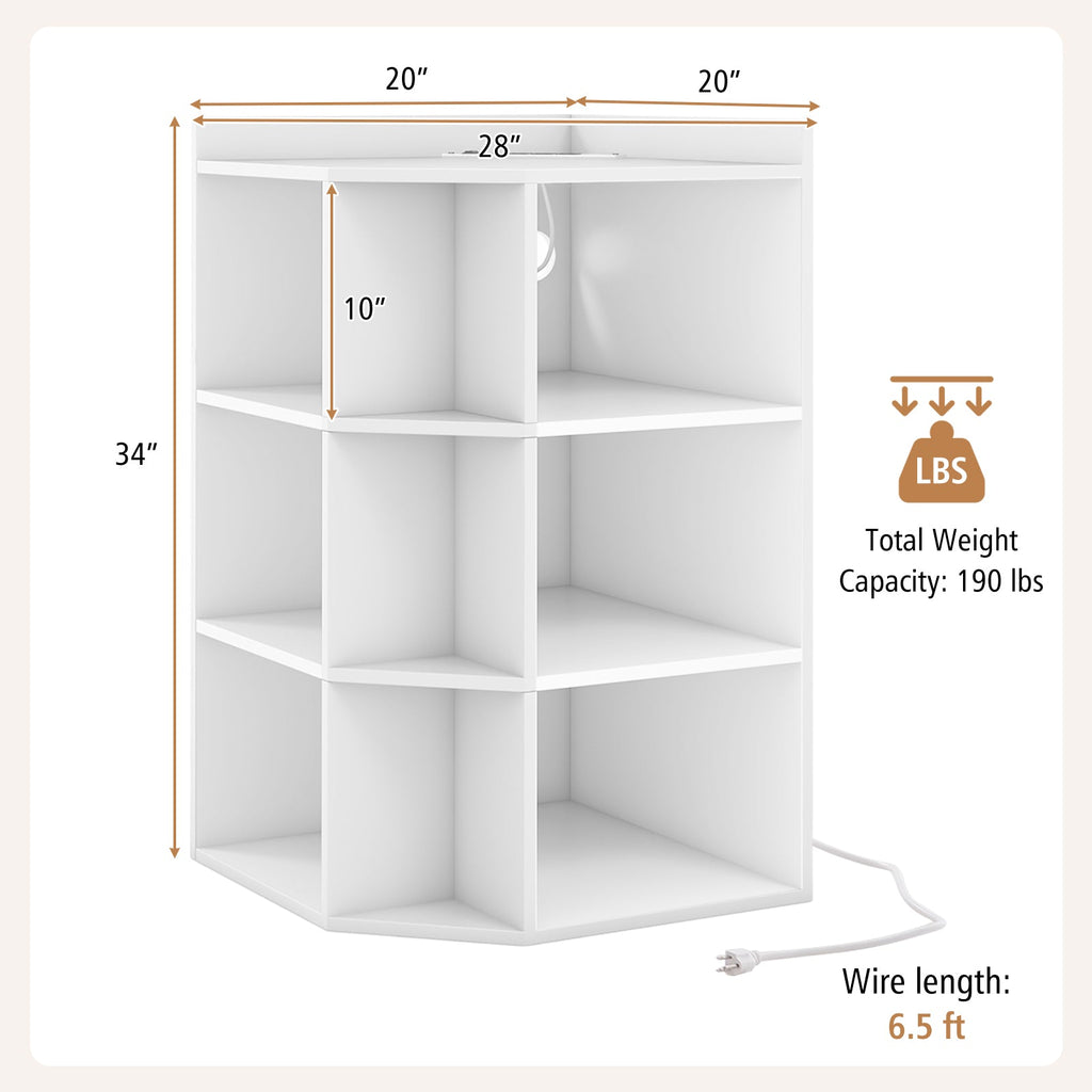 3-Tier Corner Cabinet with Charging Station for Bedroom-White