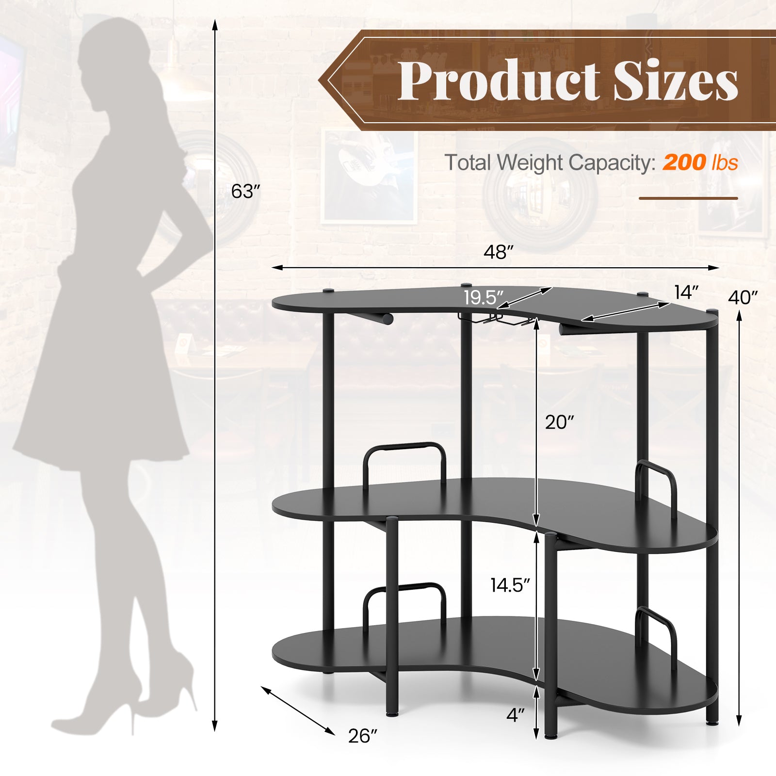 3-Tier Liquor Bar Table with Stemware Racks and Storage Shelves-Black