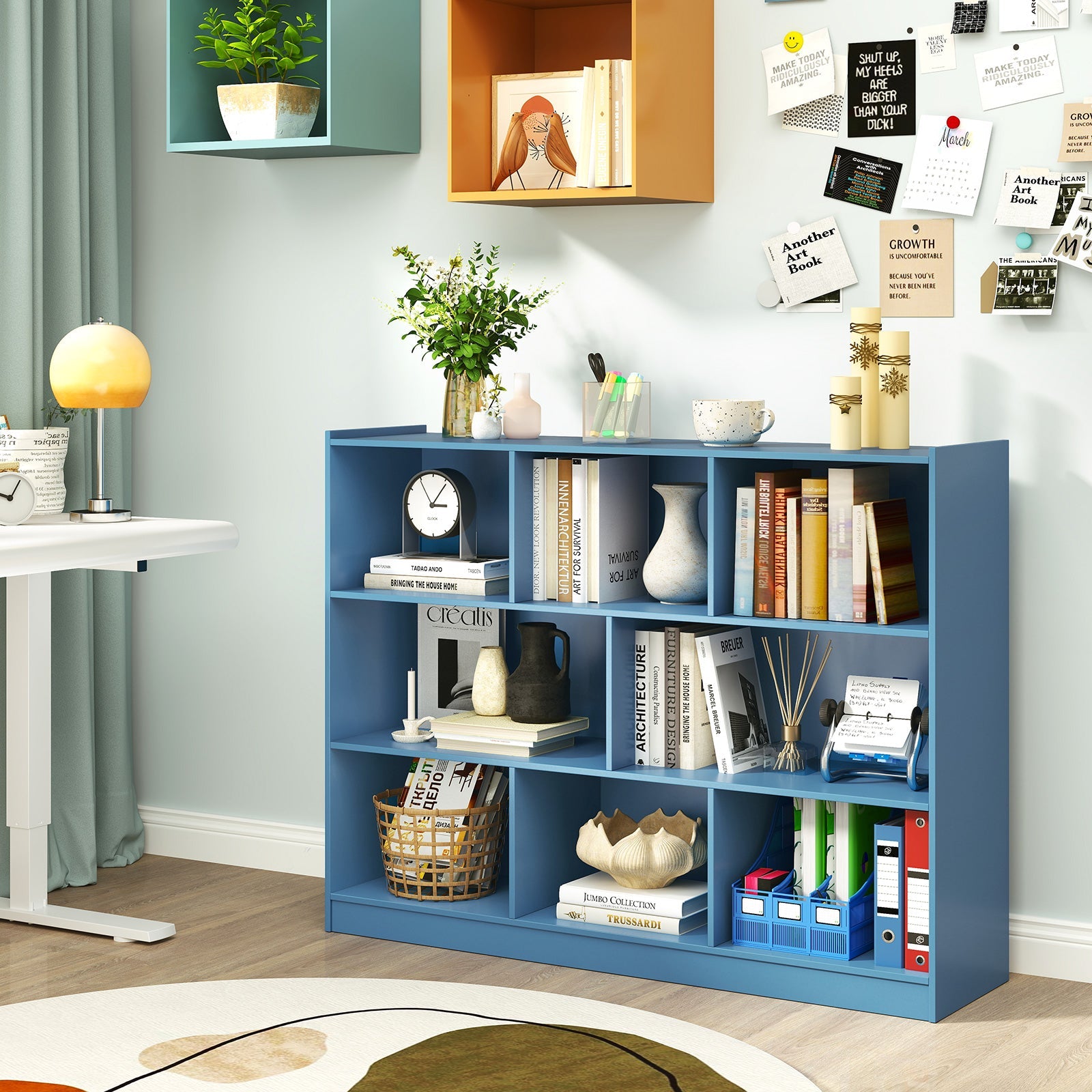 3-Tier Open Bookcase 8-Cube Floor Standing Storage Shelves-Blue