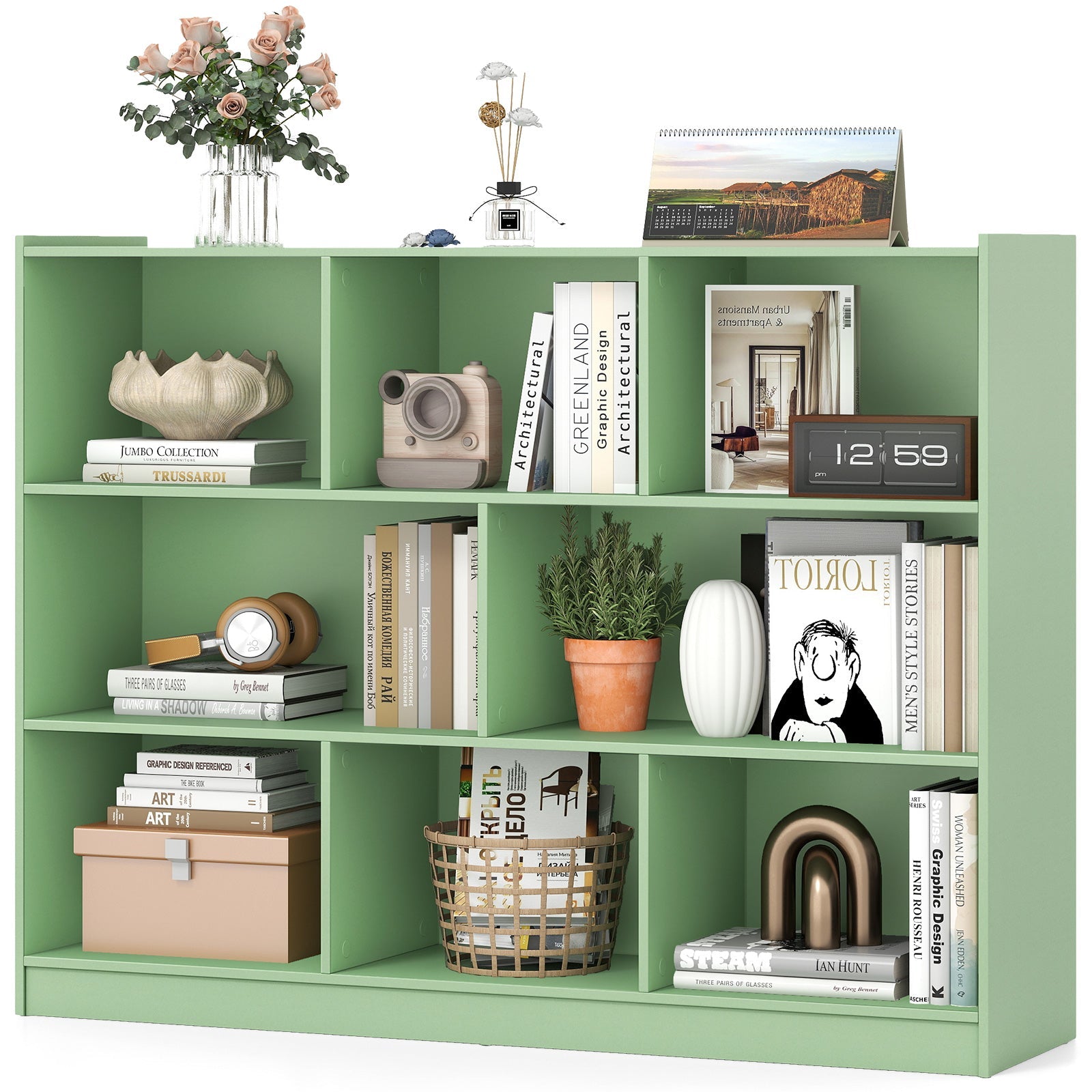 3-Tier Open Bookcase 8-Cube Floor Standing Storage Shelves-Green