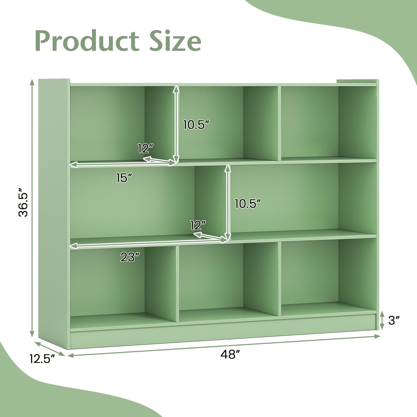 3-Tier Open Bookcase 8-Cube Floor Standing Storage Shelves-Green