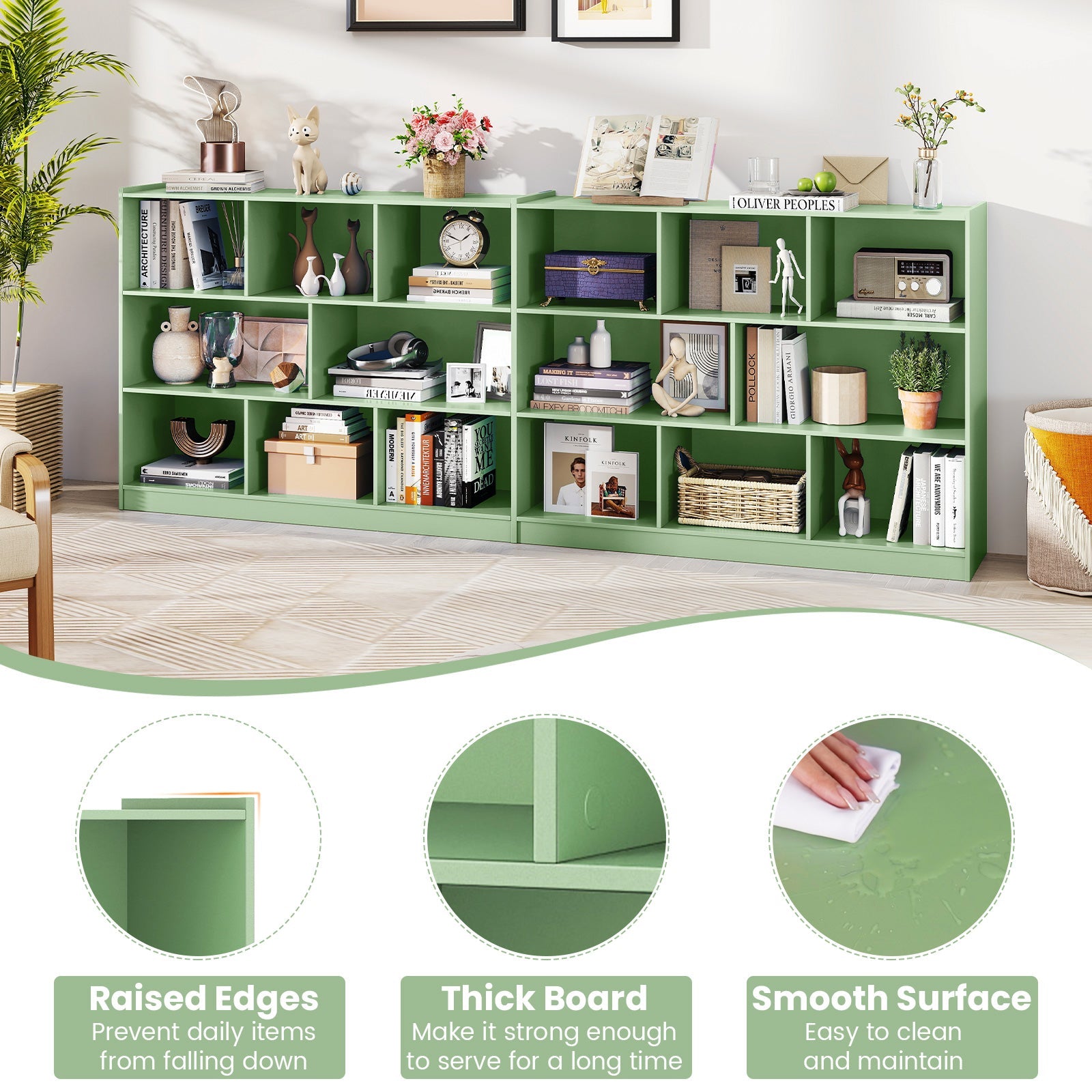 3-Tier Open Bookcase 8-Cube Floor Standing Storage Shelves-Green