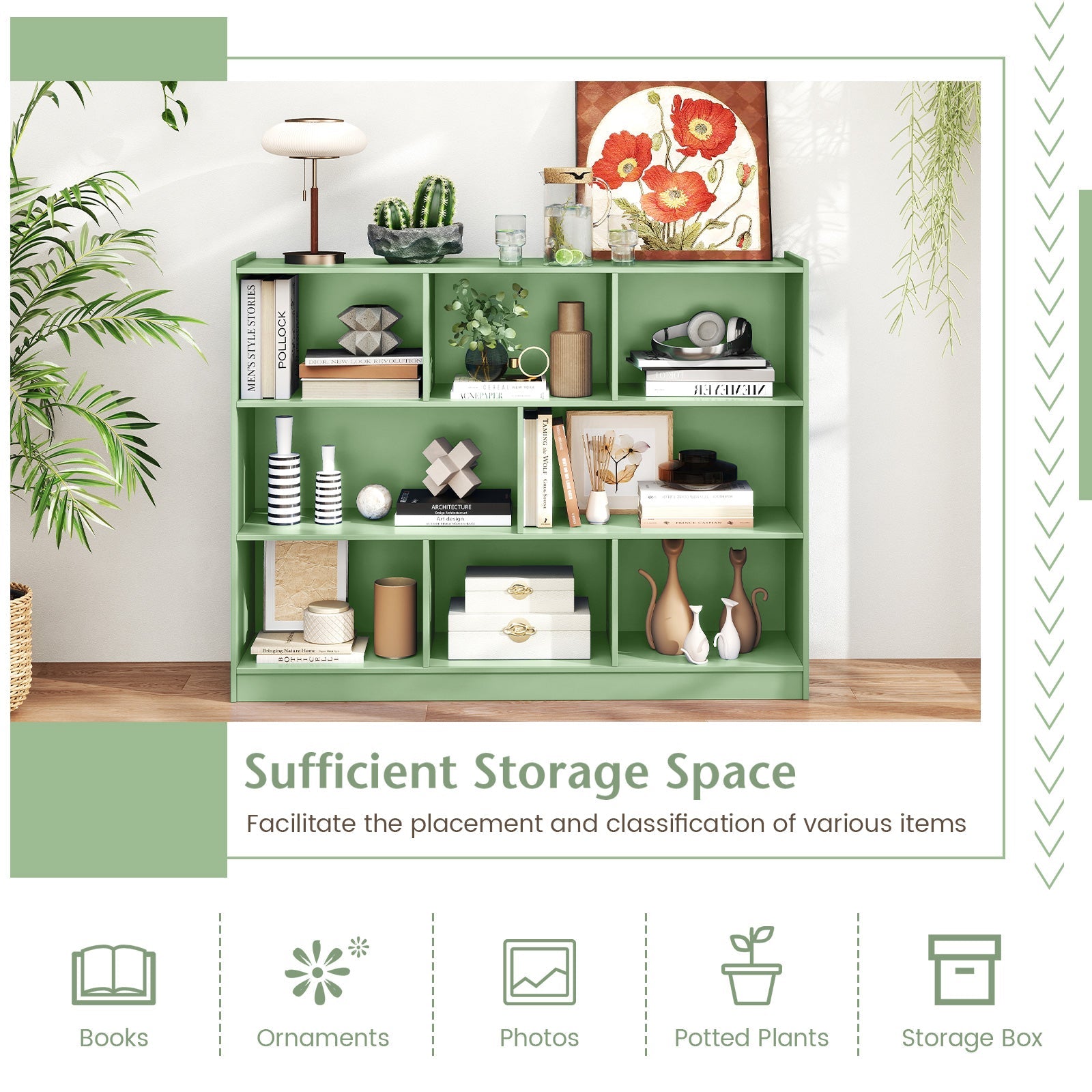 3-Tier Open Bookcase 8-Cube Floor Standing Storage Shelves-Green