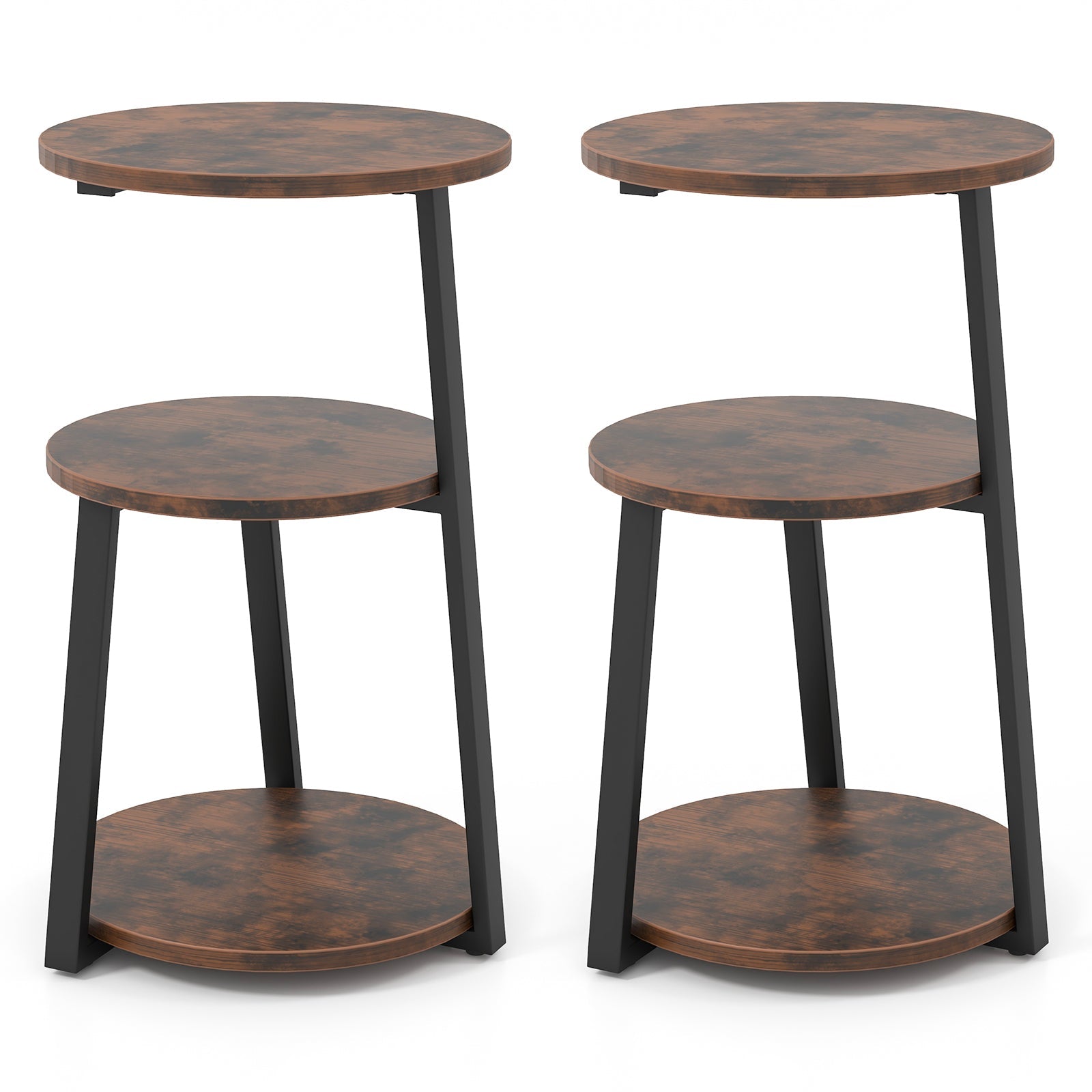 3-Tier Accent Round Side Table with Metal Frame-Set of 2