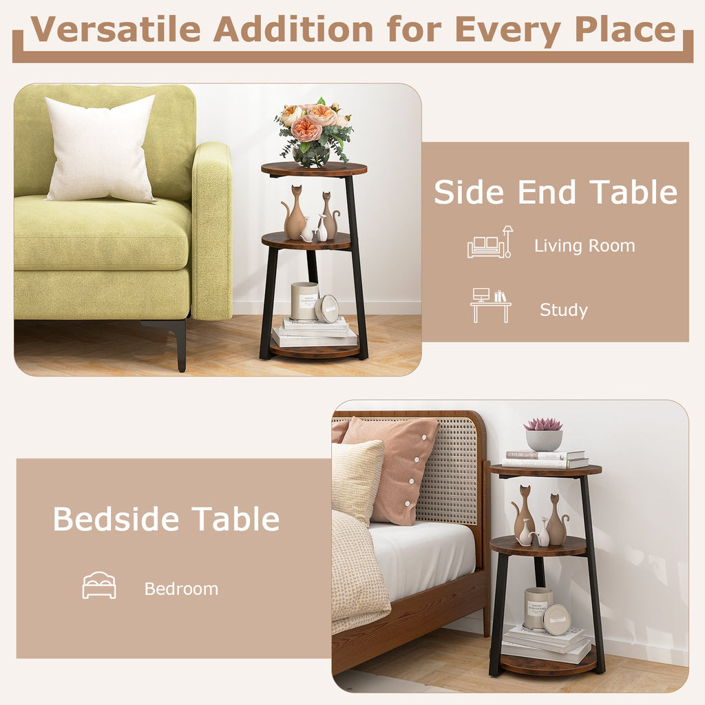 3-Tier Accent Round Side Table with Metal Frame-Set of 2
