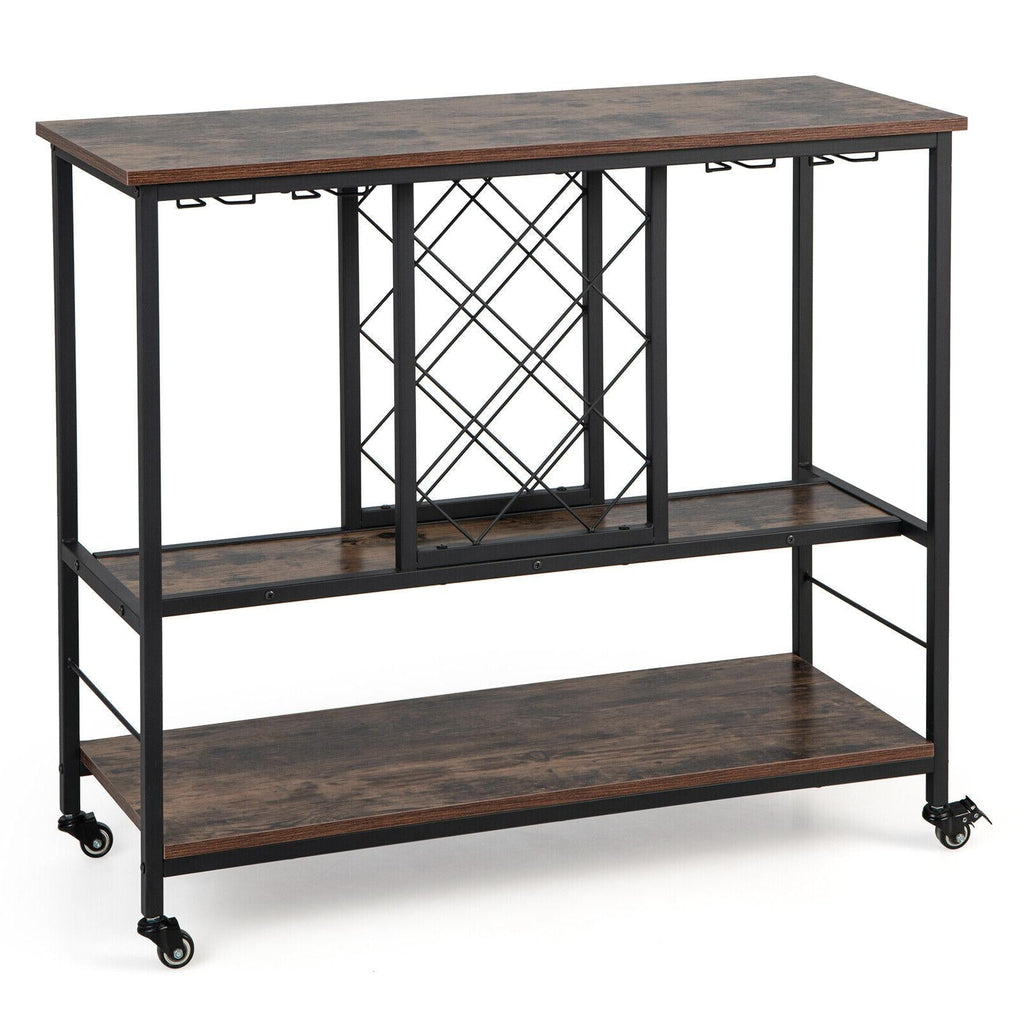 3-Tier Wine Bar Cabinet wit 8 Bottles Rack and 12 Glasses Hanger-Rustic Brown