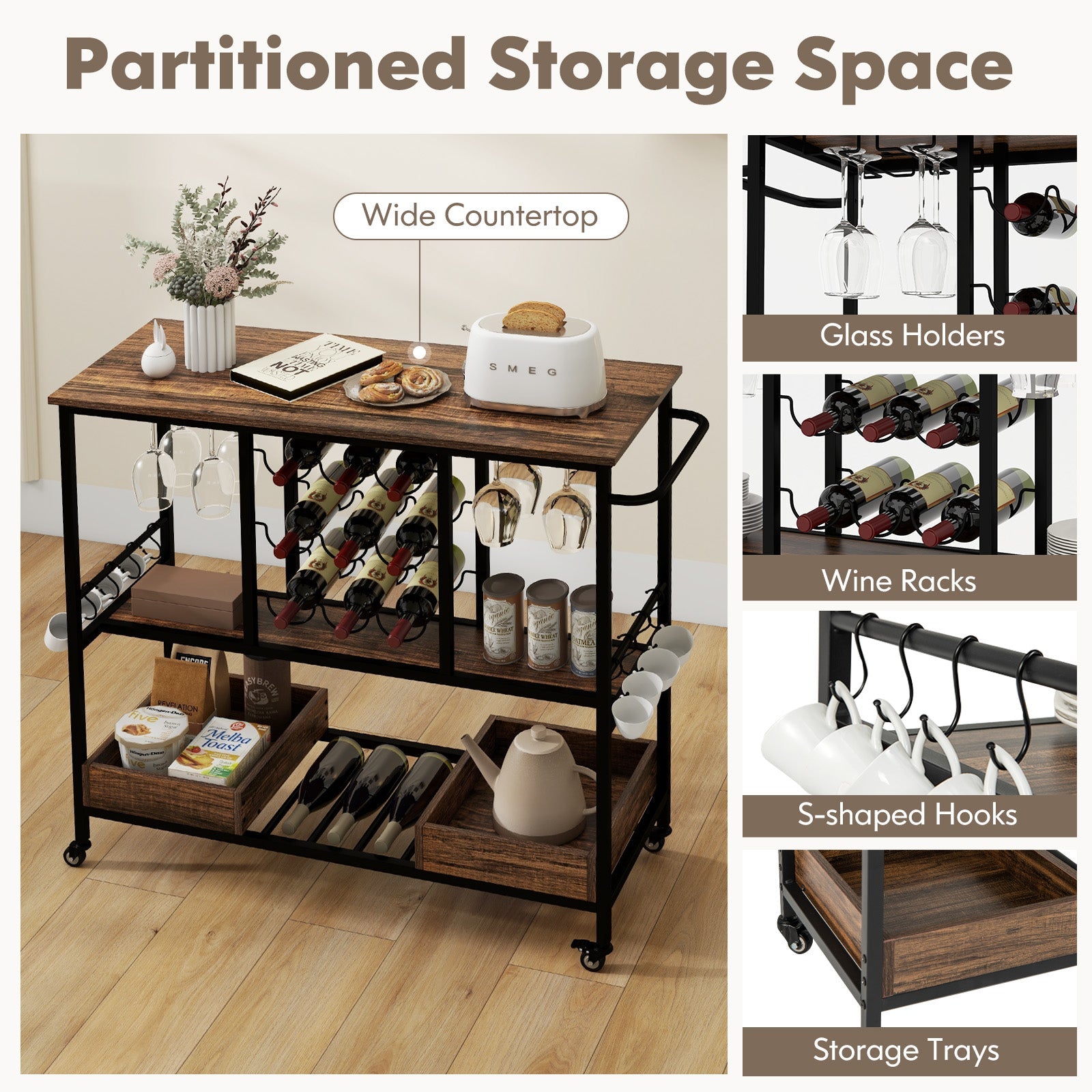 3 Tiers Bar Cart on Wheels with Glass Racks-Rustic Brown