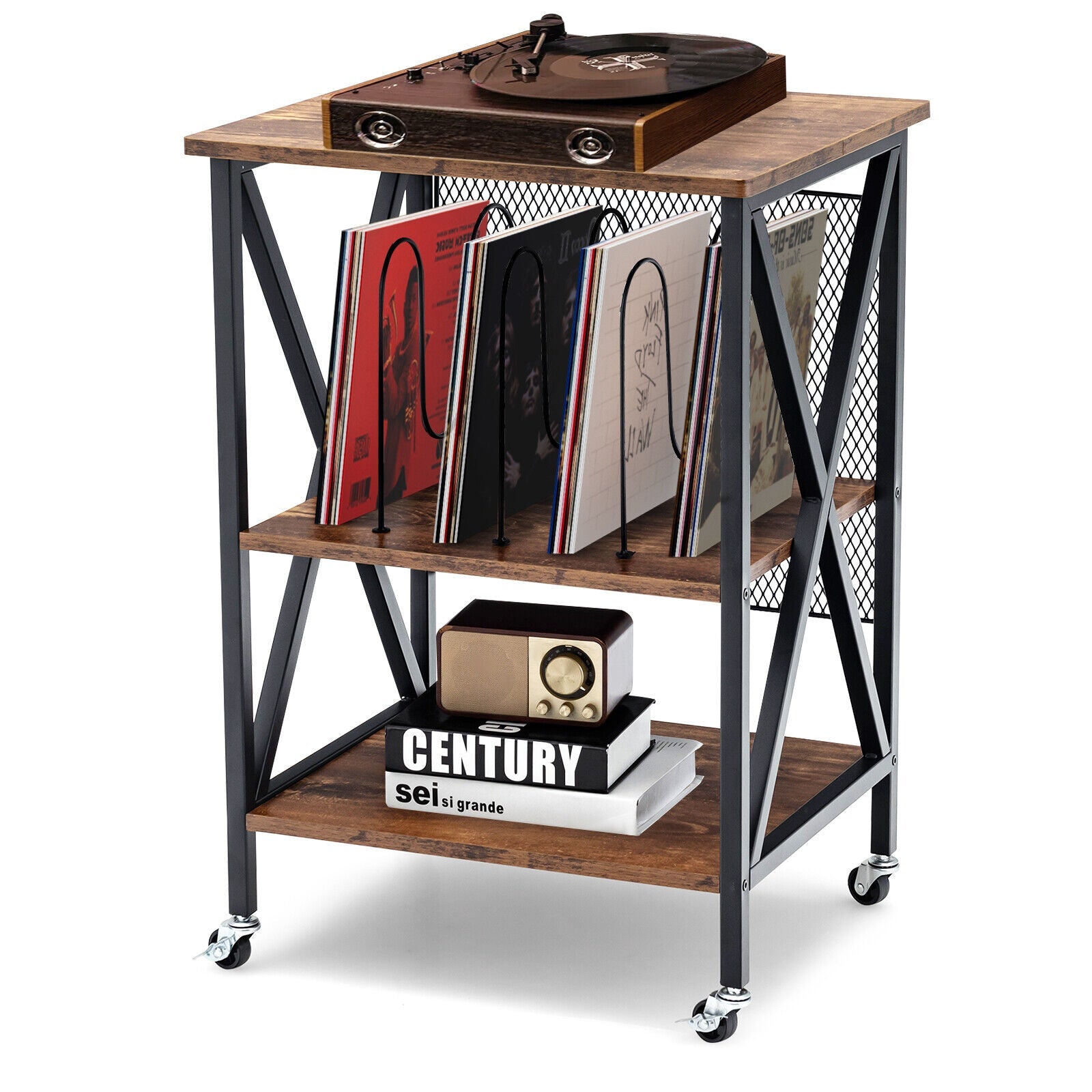 3 Tiers Vintage Style Rolling End Table with 3 Dividers for Albums-Brown