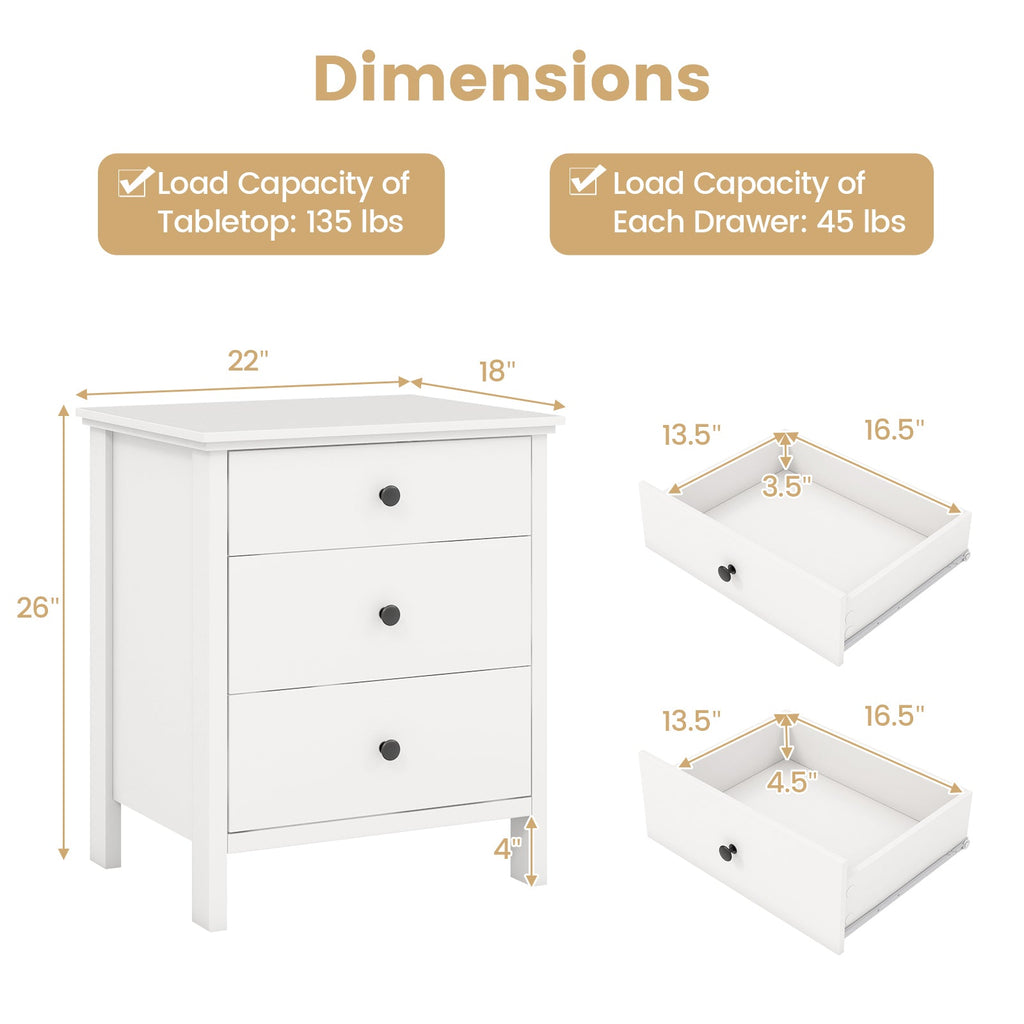 3-Drawer Wooden Nightstand Modern Bedside Table-White