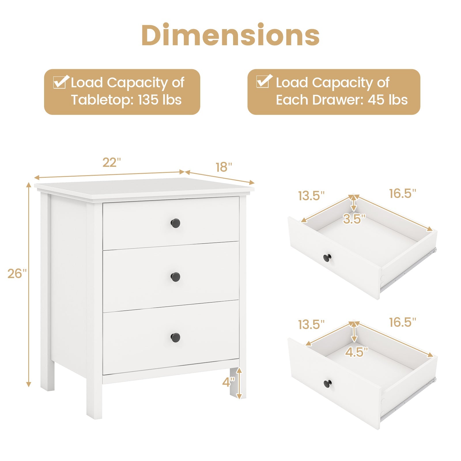 3-Drawer Wooden Nightstand Modern Bedside Table-White