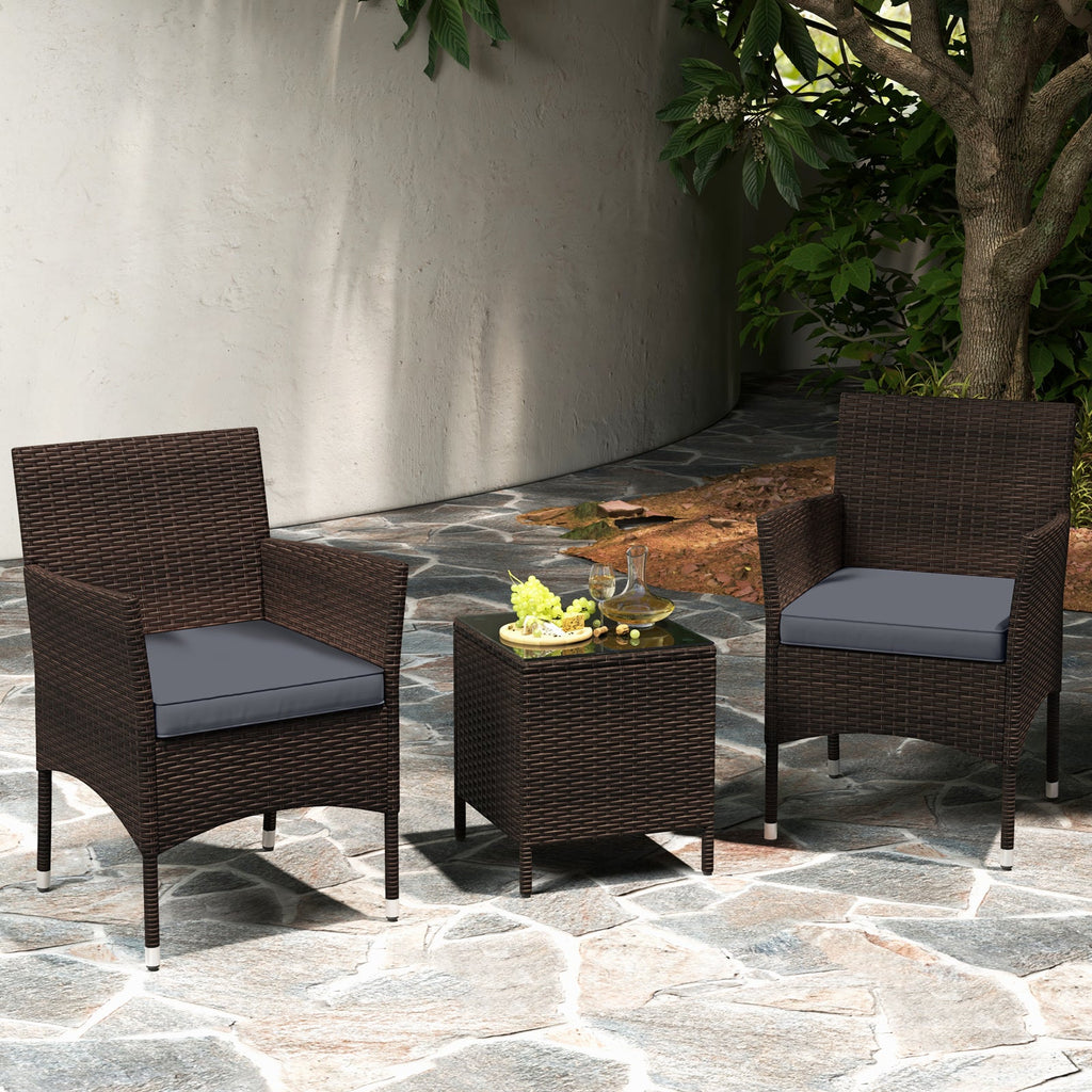 3 Pieces Outdoor Conversation Set with Cushioned Seat and Glass Tabletop-Gray
