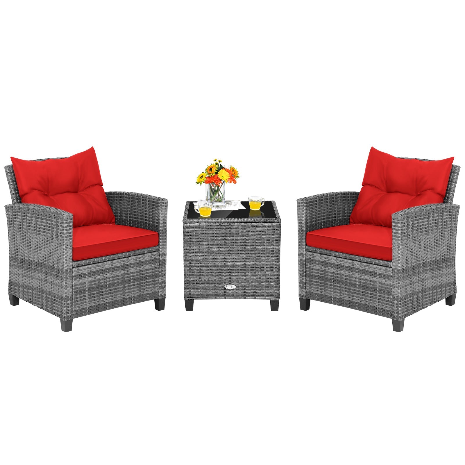 3 Pieces Outdoor Wicker Conversation Set with Tempered Glass Tabletop-Red
