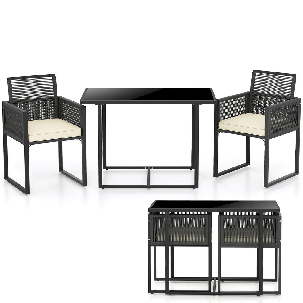 3 Pieces Patio Tempered Glass Top Table and Chairs Set for Porch Backyard-White