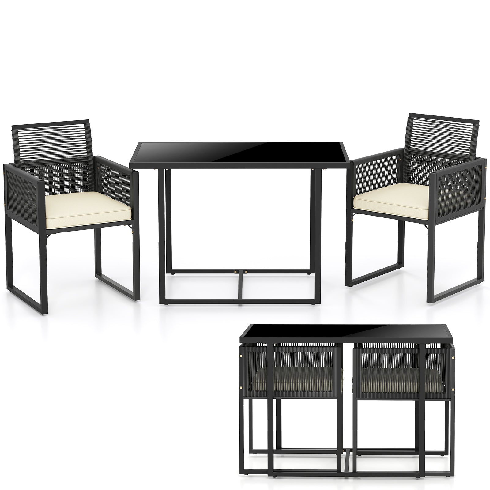 3 Pieces Patio Tempered Glass Top Table and Chairs Set for Porch Backyard-White
