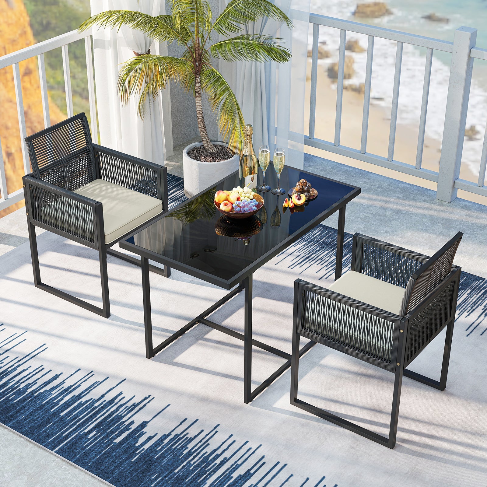 3 Pieces Patio Tempered Glass Top Table and Chairs Set for Porch Backyard-White