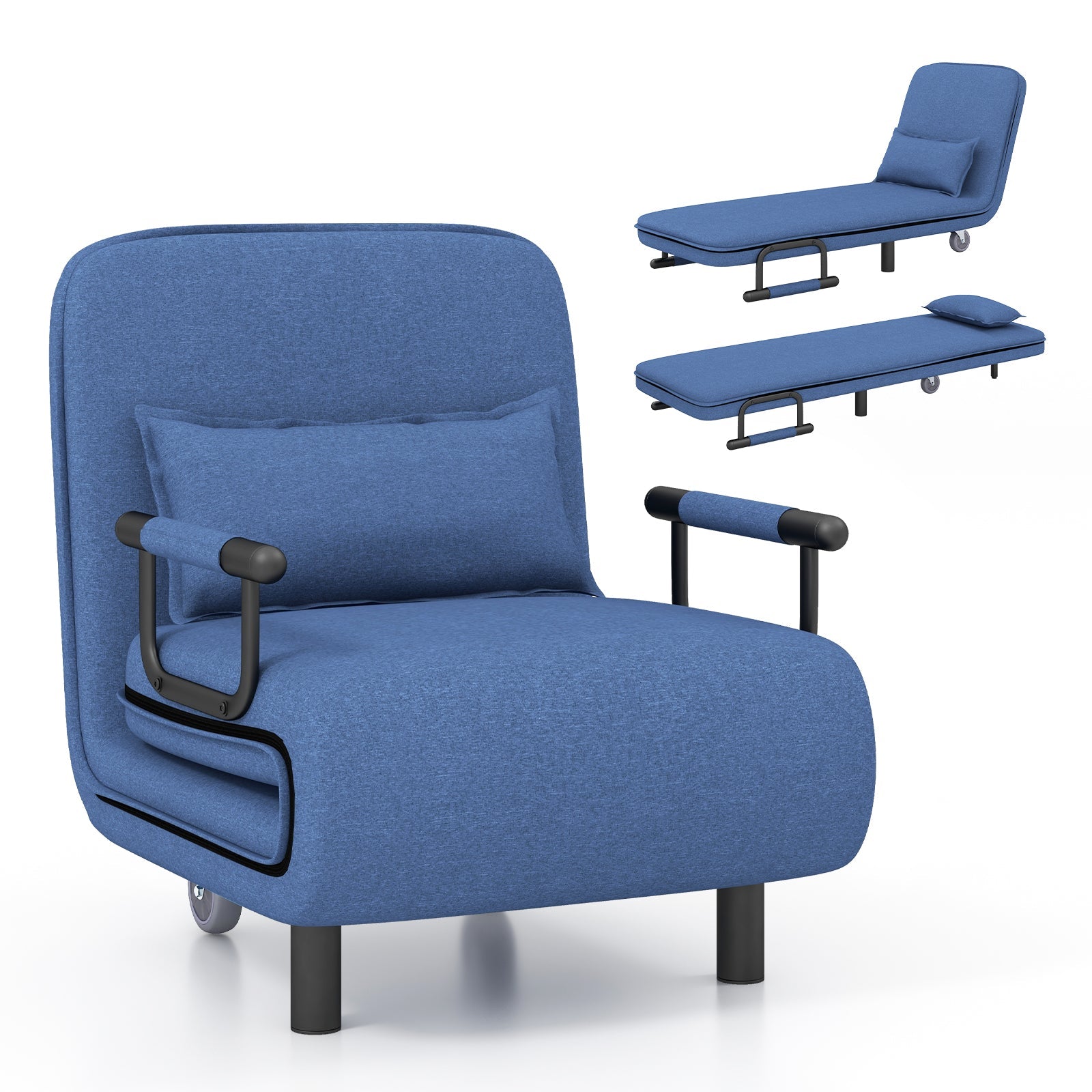 3-in-1 Convertible Sofa Bed with 5-Position Adjustable Backrest and Lumbar Pillow-Blue
