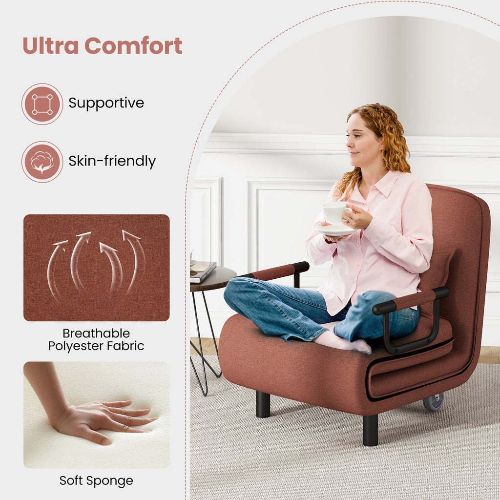 3-in-1 Convertible Sofa Bed with 5-Position Adjustable Backrest and Lumbar Pillow-Brown