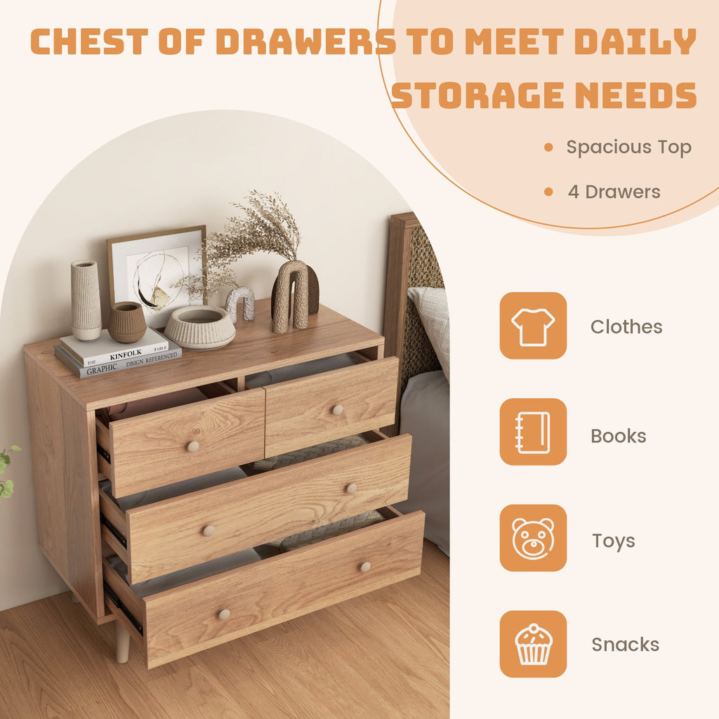 4-Drawer Dresser Cabinet Storage Organizer Rubber Leg with Rail-Natural