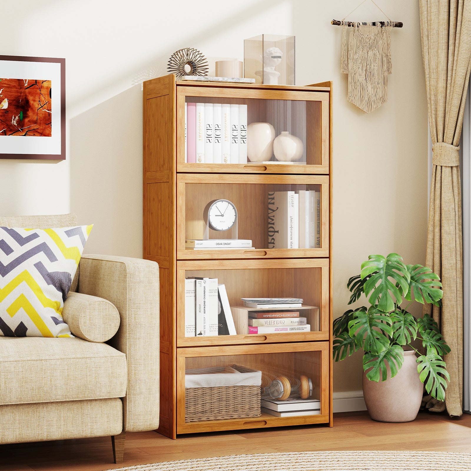 4-Tier Bamboo Bookcase with Doors for Study Room Living Room-Natural