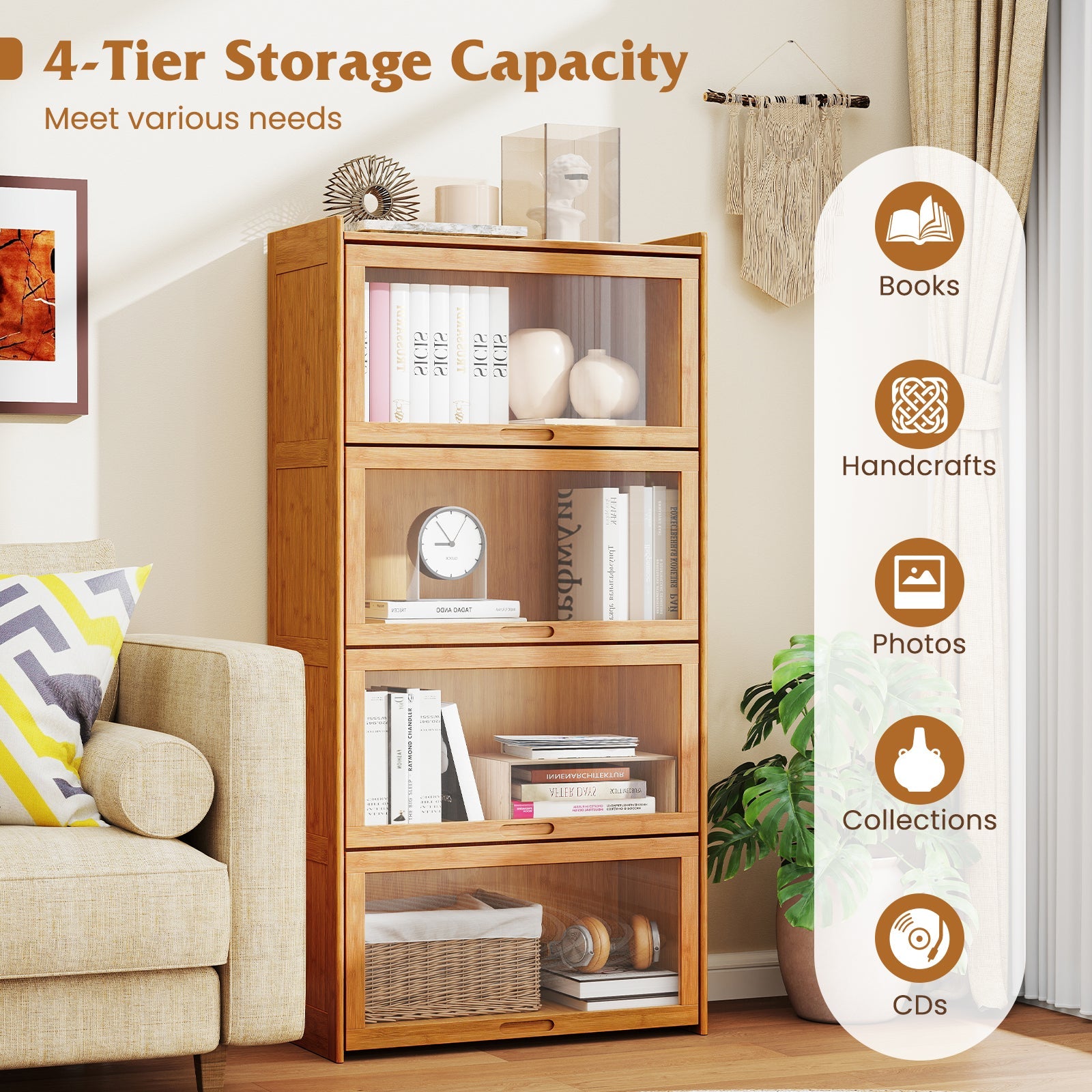 4-Tier Bamboo Bookcase with Doors for Study Room Living Room-Natural