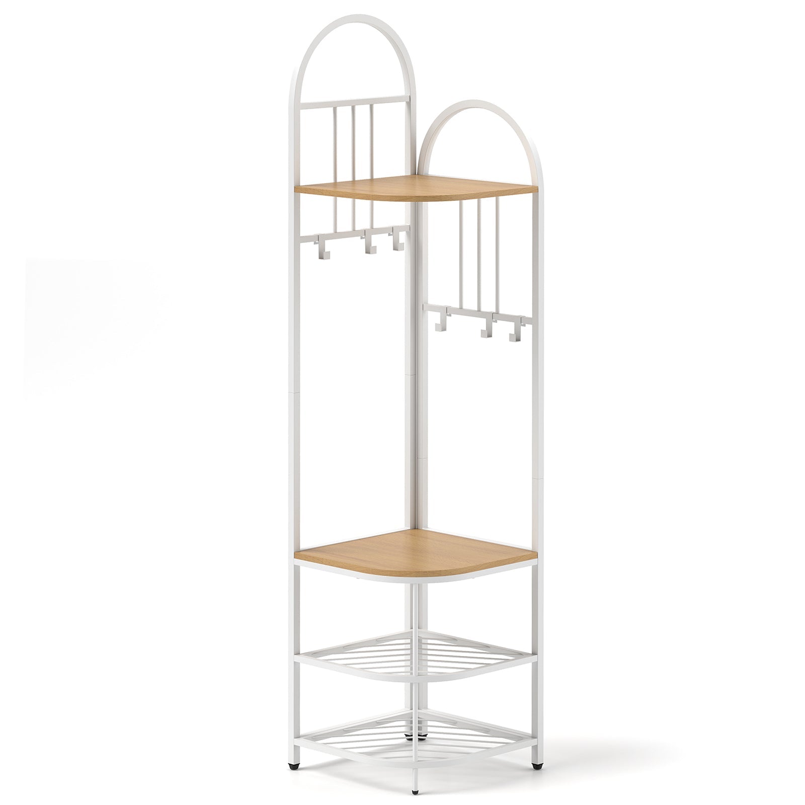 4-Tier Coat Rack Corner Hall Tree with Shoe Storage Bench-Natural