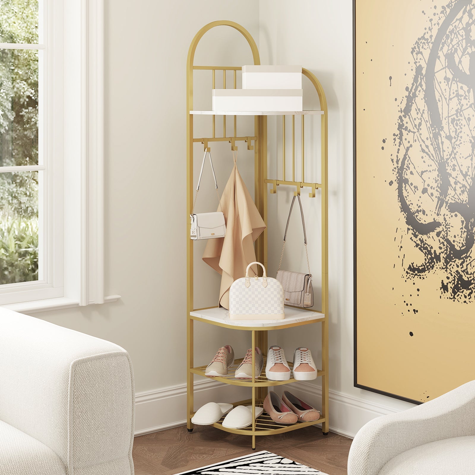 4-Tier Coat Rack Corner Hall Tree with Shoe Storage Bench-White